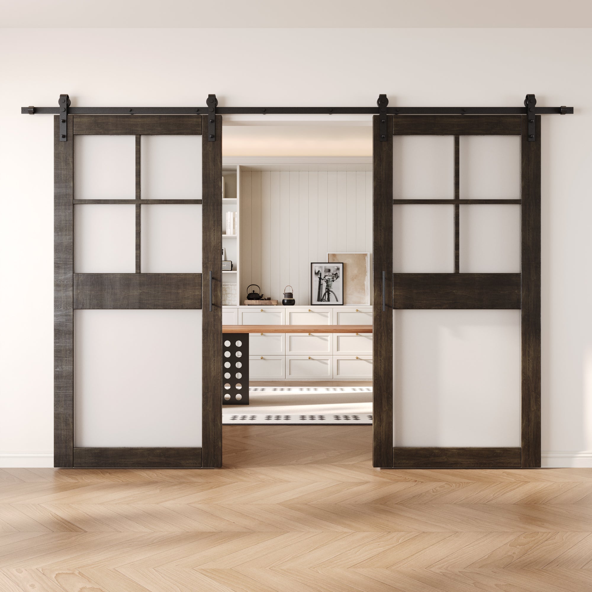 84" Height Ebony 5-Lite Frosted Glass Double Unassembled & Finished Pine Wood Barn Doors with Non-Bypass Installation Hardware Kit (Interior Use Only)