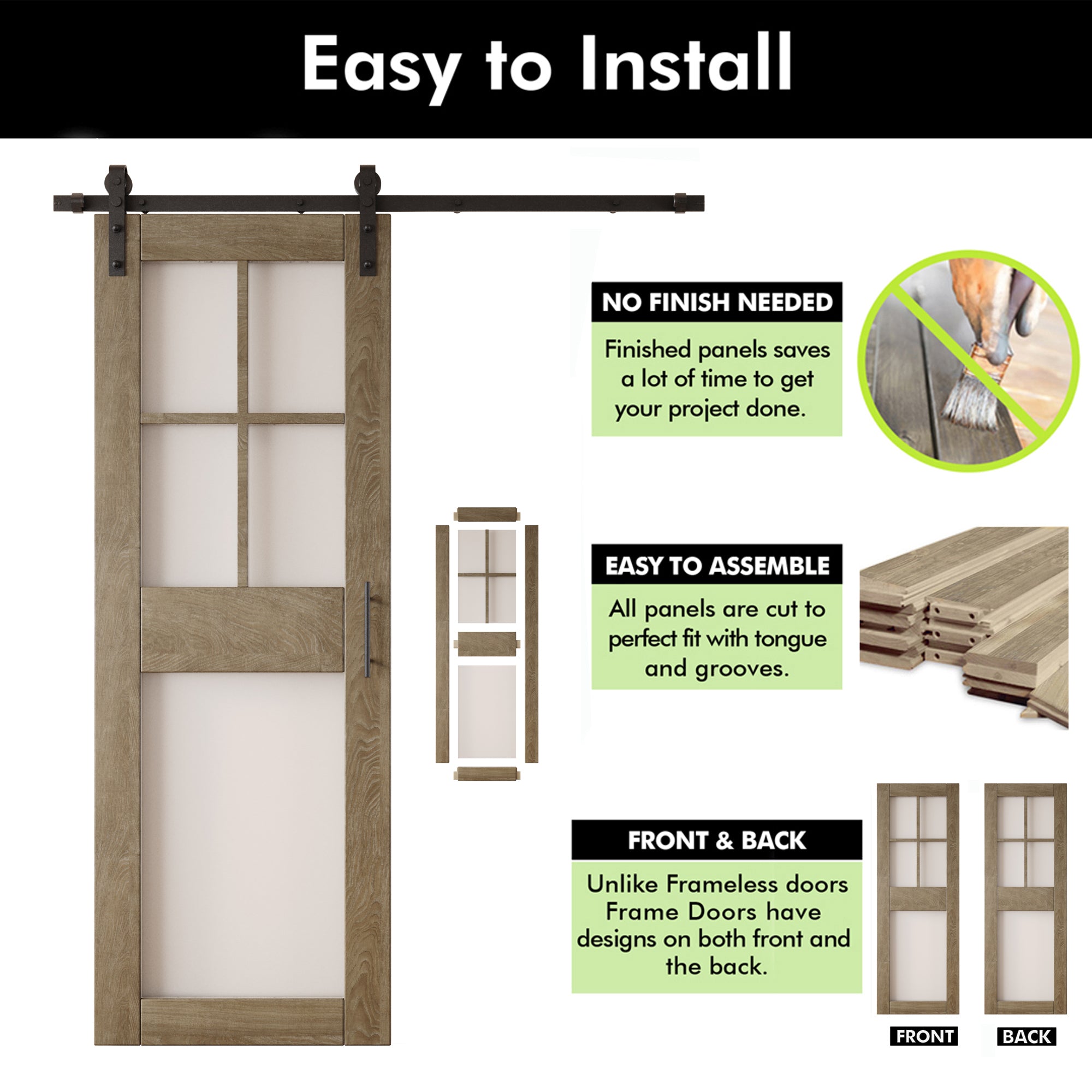84" Height Classic Gray 5-Lite Frosted Glass Double Unassembled & Finished Pine Wood Barn Doors with Non-Bypass Installation Hardware Kit (Interior Use Only)