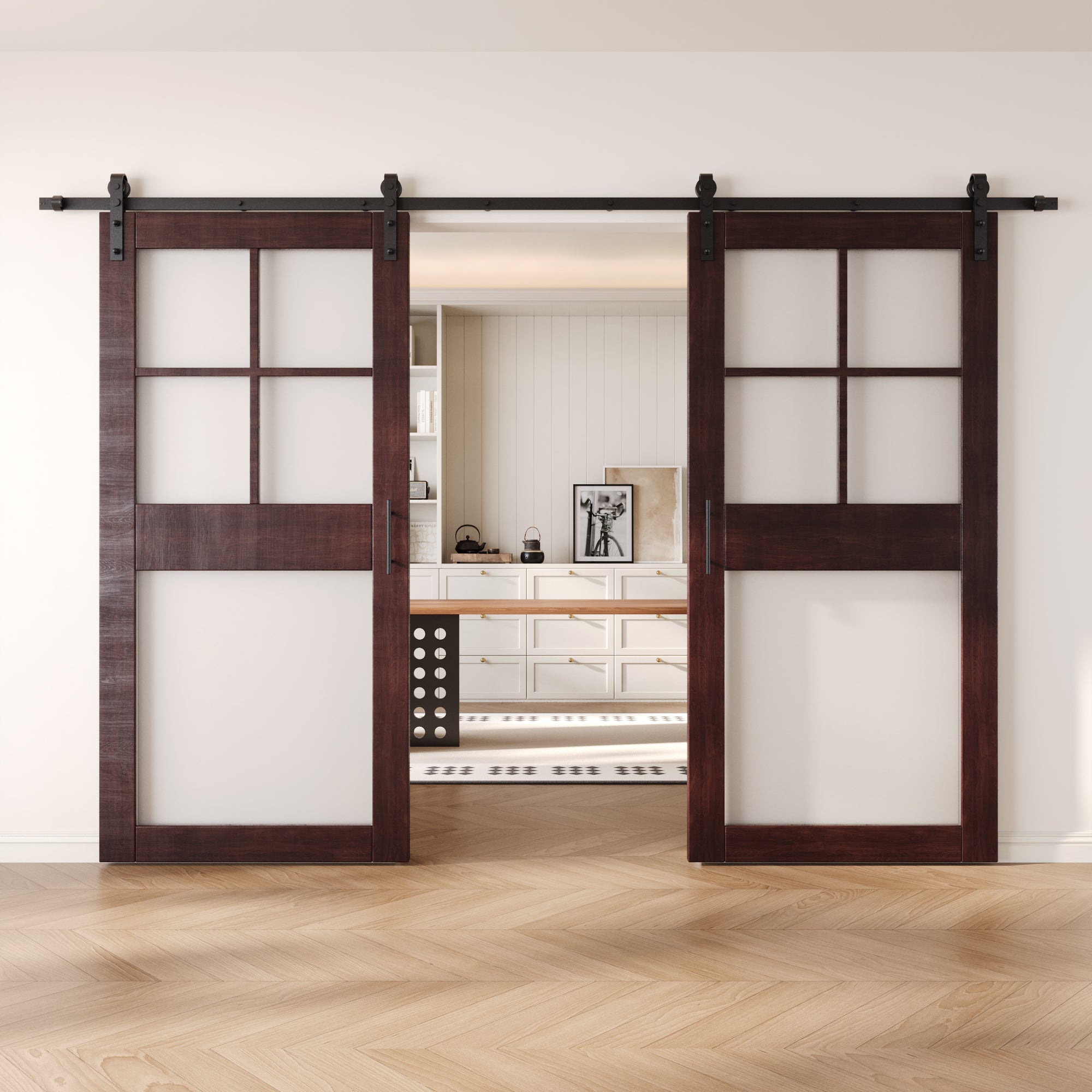 84" Height Red Mahogany 5-Lite Frosted Glass Double Unassembled & Finished Pine Wood Barn Doors with Non-Bypass Installation Hardware Kit (Interior Use Only)
