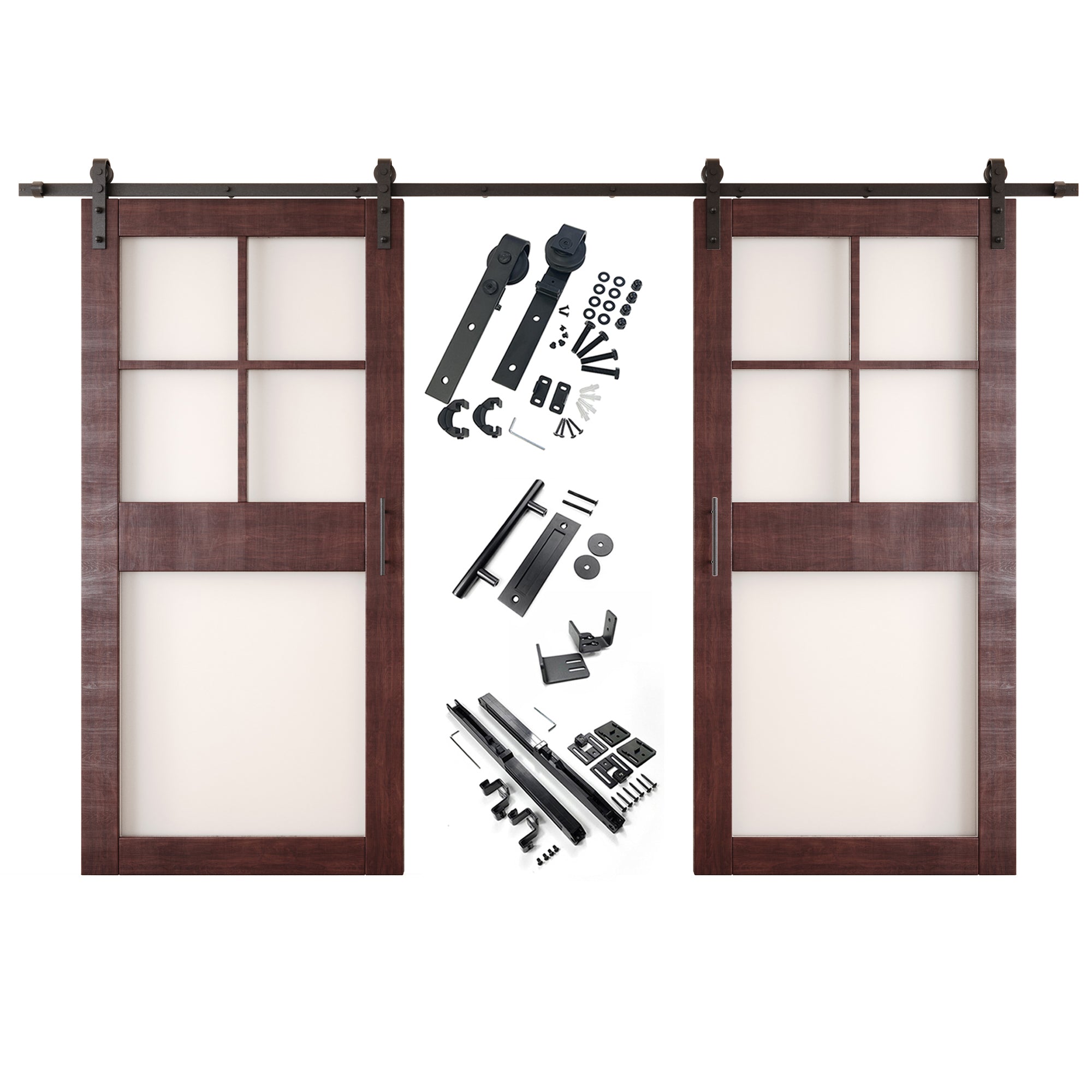 84" Height Red Mahogany 5-Lite Frosted Glass Double Unassembled & Finished Pine Wood Barn Doors with Non-Bypass Installation Hardware Kit (Interior Use Only)