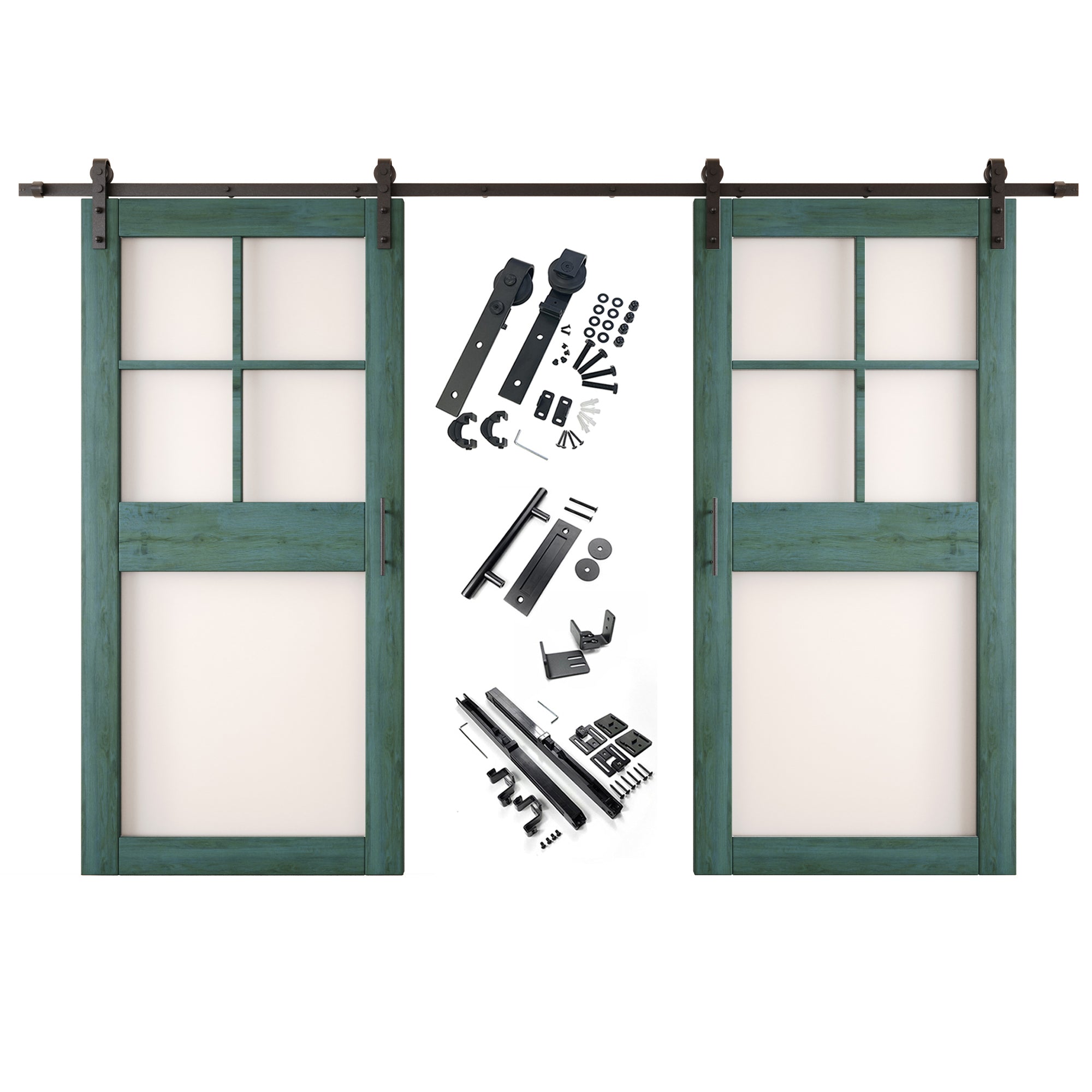 84" Height Royal Pine 5-Lite Frosted Glass Double Unassembled & Finished Pine Wood Barn Doors with Non-Bypass Installation Hardware Kit (Interior Use Only)