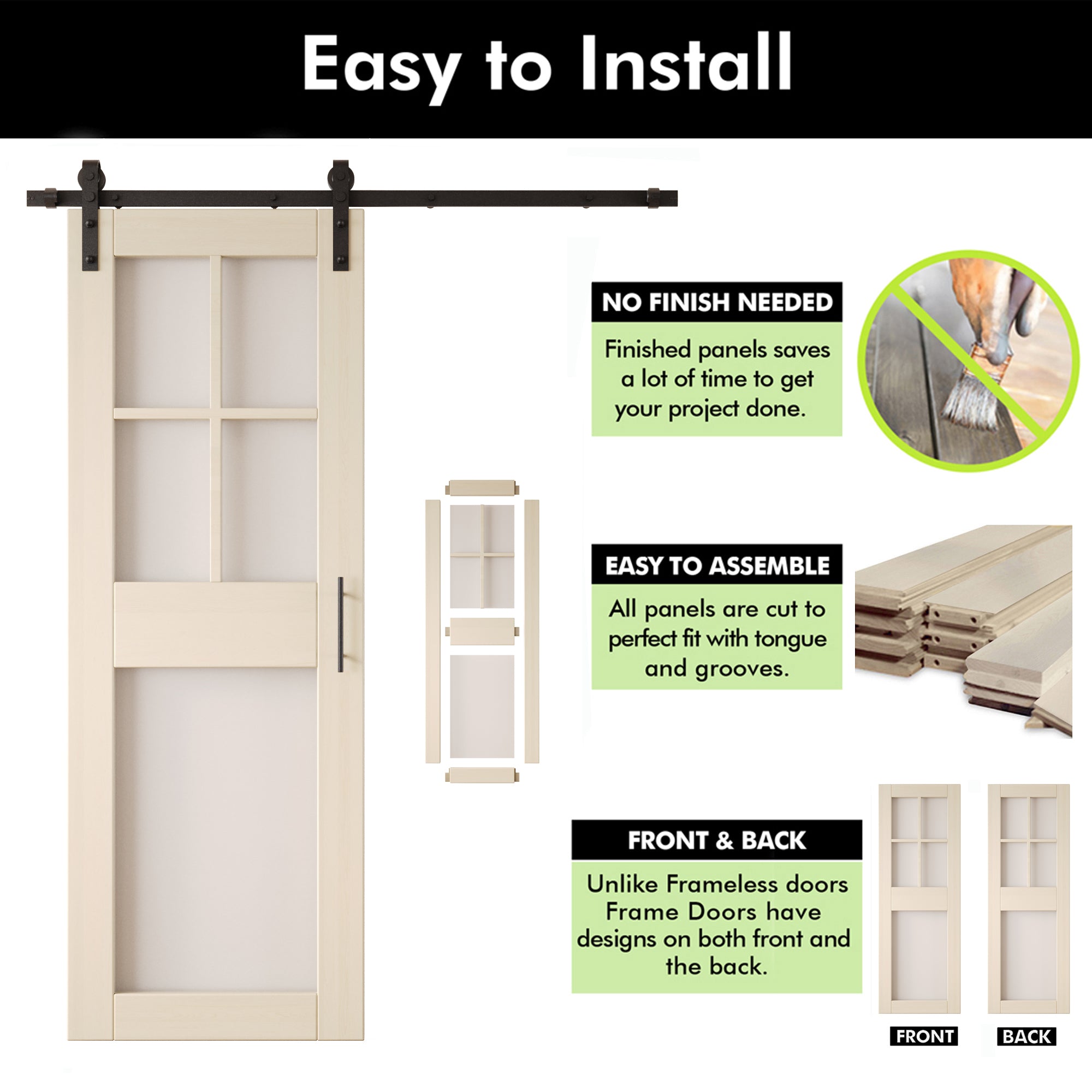 84" Height Tinsmith Gray 5-Lite Frosted Glass Double Unassembled & Finished Pine Wood Barn Doors with Non-Bypass Installation Hardware Kit (Interior Use Only)
