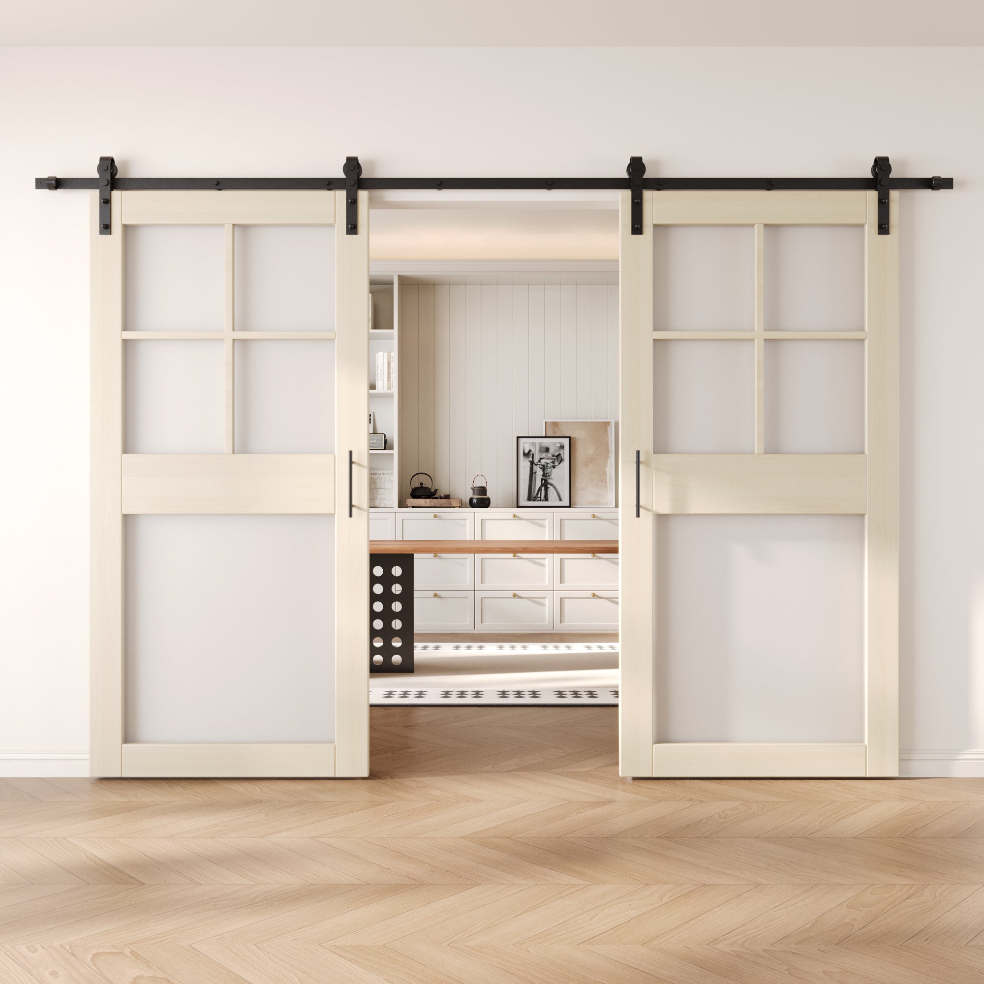 84" Height Tinsmith Gray 5-Lite Frosted Glass Double Unassembled & Finished Pine Wood Barn Doors with Non-Bypass Installation Hardware Kit (Interior Use Only)