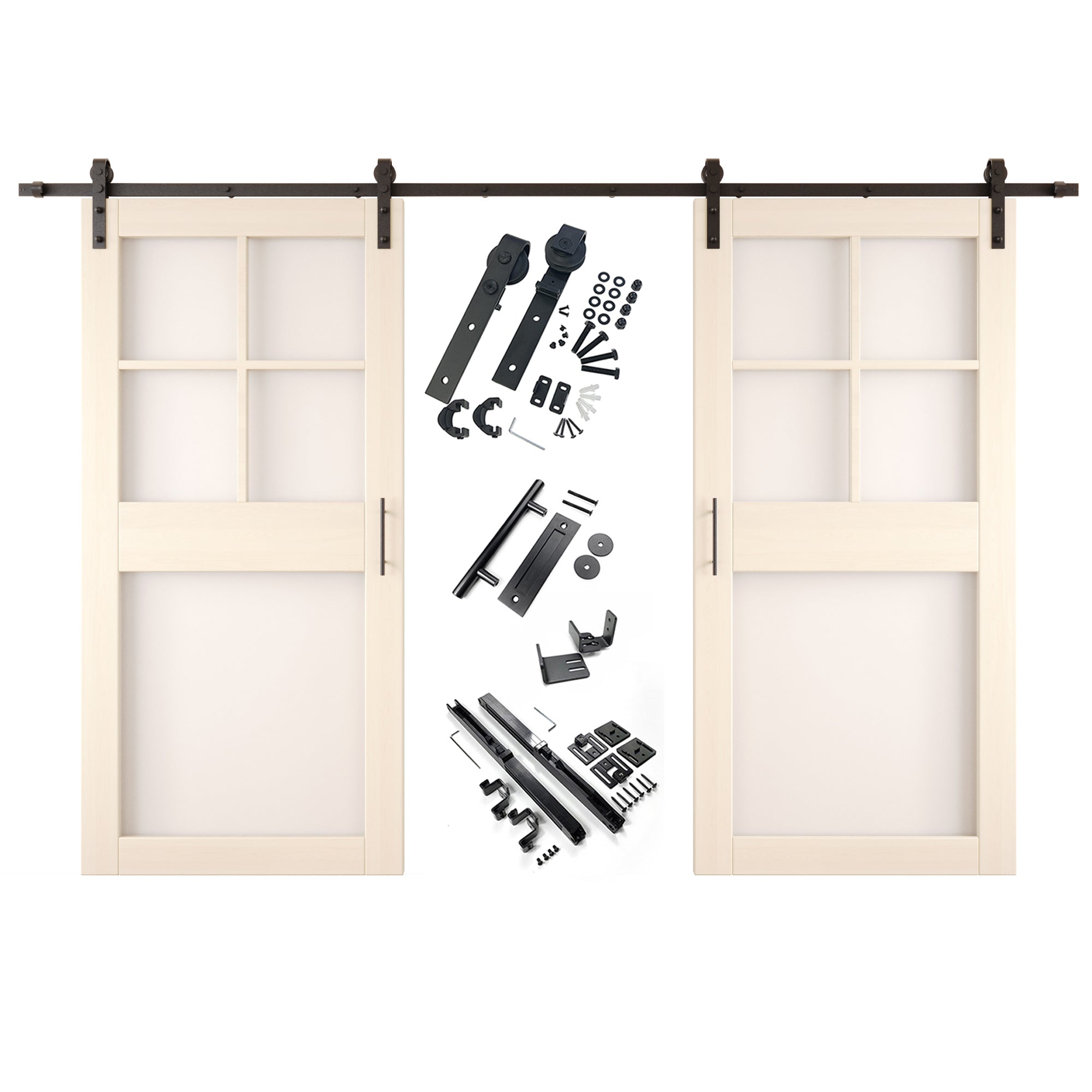 84" Height Tinsmith Gray 5-Lite Frosted Glass Double Unassembled & Finished Pine Wood Barn Doors with Non-Bypass Installation Hardware Kit (Interior Use Only)