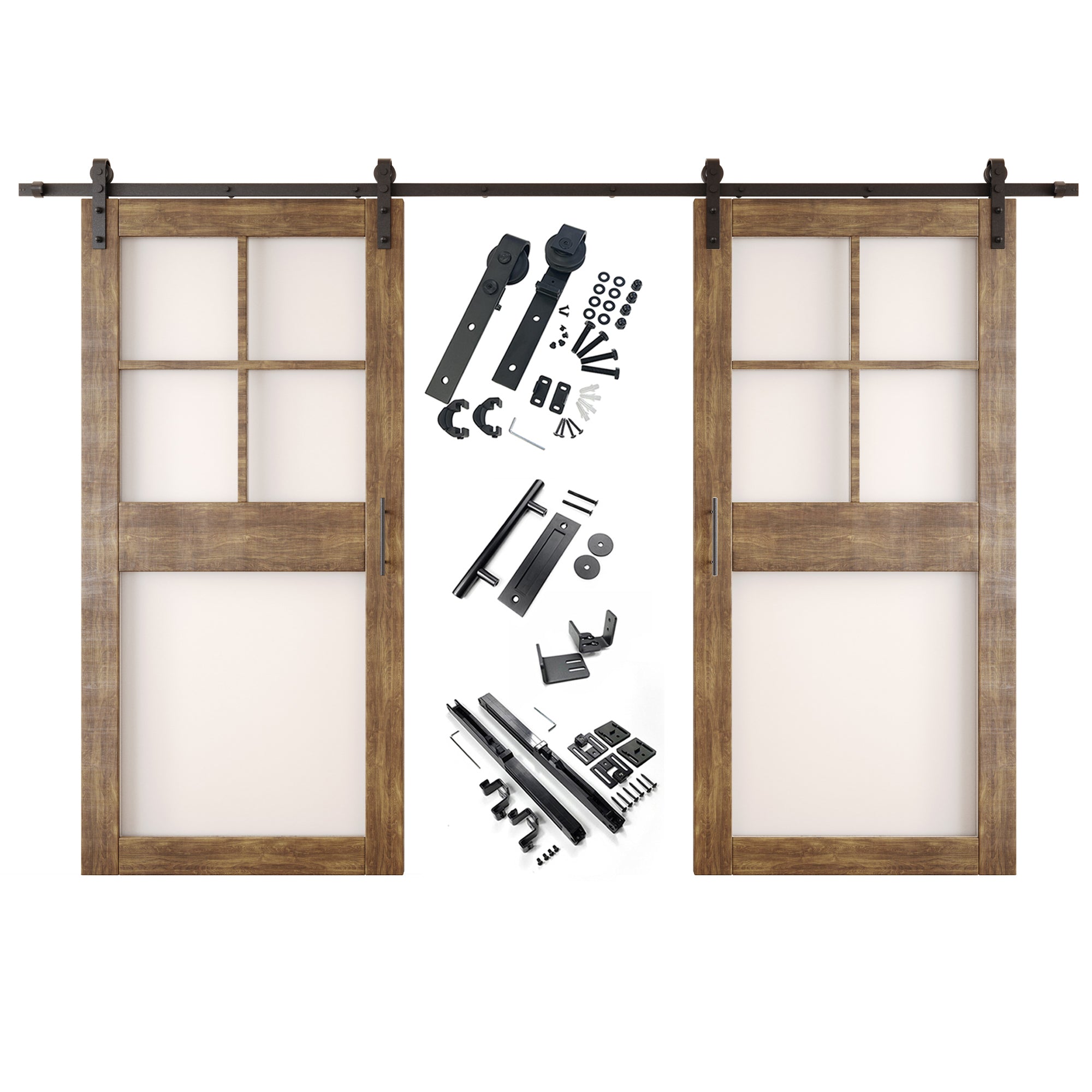84" Height Dark Walnut 5-Lite Frosted Glass Double Unassembled & Finished Pine Wood Barn Doors with Non-Bypass Installation Hardware Kit (Interior Use Only)