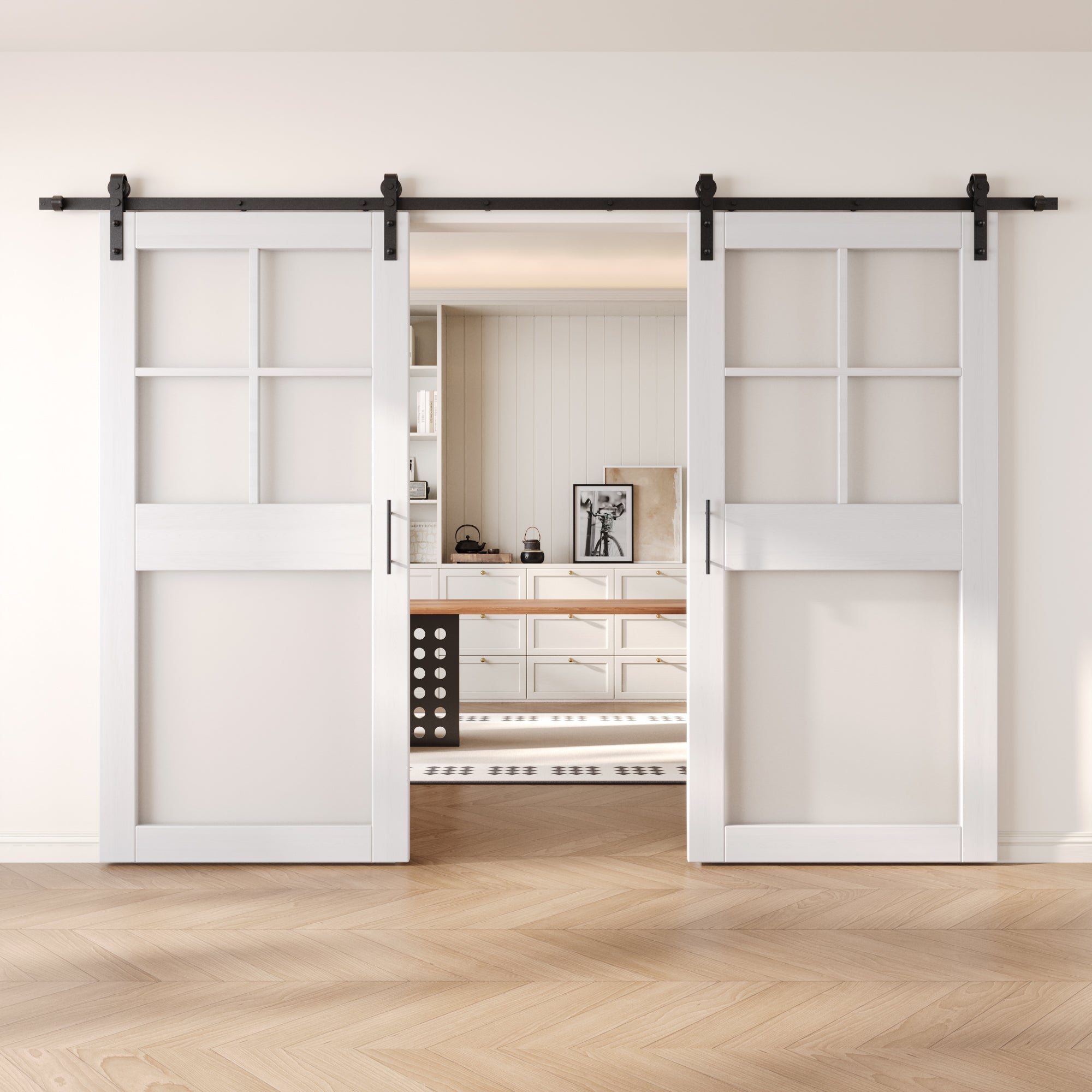 84" Height White 5-Lite Frosted Glass Double Unassembled & Finished Pine Wood Barn Doors with Non-Bypass Installation Hardware Kit (Interior Use Only)