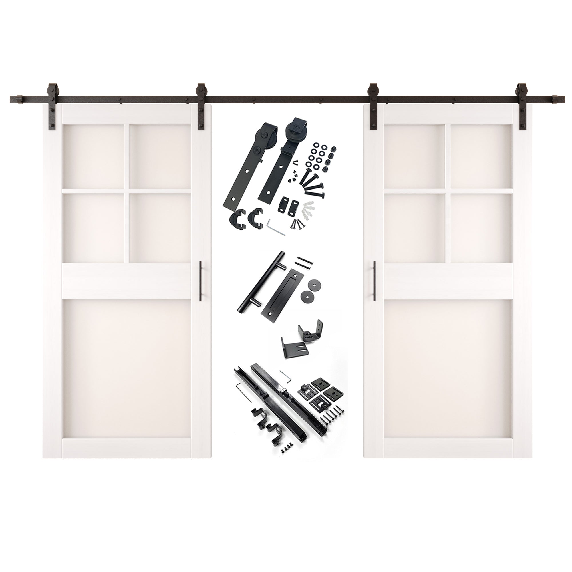 84" Height White 5-Lite Frosted Glass Double Unassembled & Finished Pine Wood Barn Doors with Non-Bypass Installation Hardware Kit (Interior Use Only)