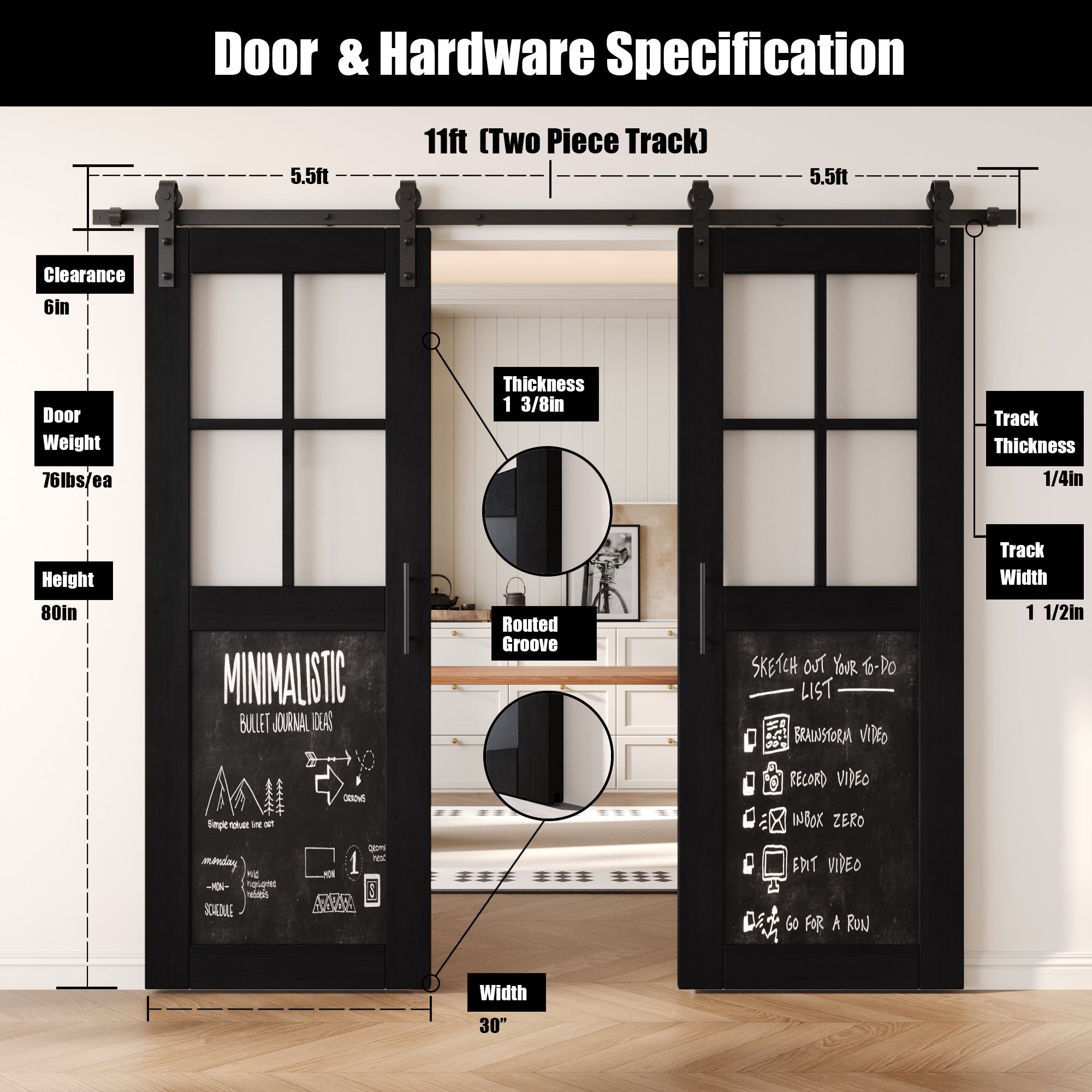 80" Height Black Half Lite Chalkboard Double Unassembled & Finished Pine Wood Barn Doors with Non-Bypass Installation Hardware Kit (Interior Use Only)