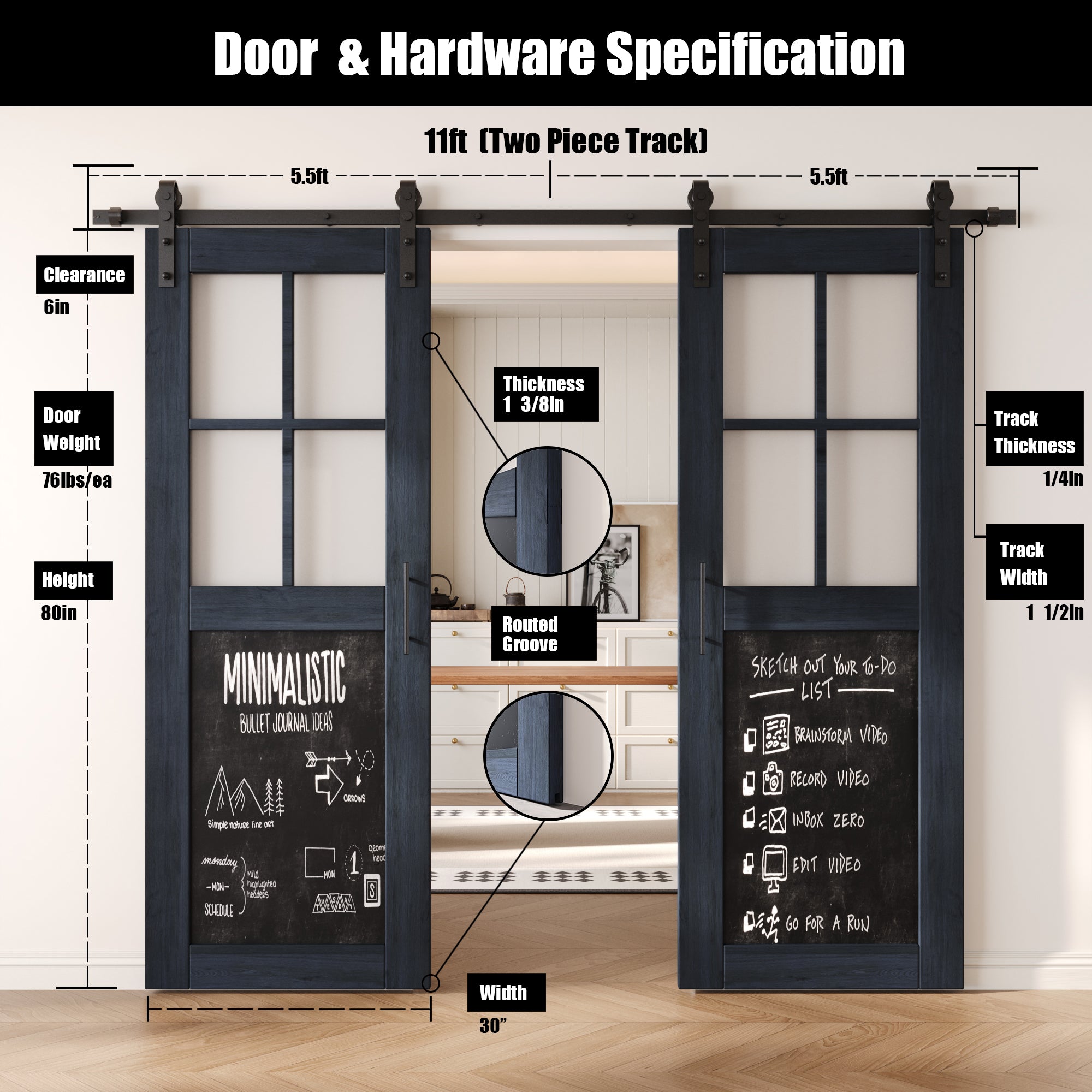 80" Height Half Lite Navy Chalkboard Double Unassembled & Finished Pine Wood Barn Doors with Non-Bypass Installation Hardware Kit (Interior Use Only)