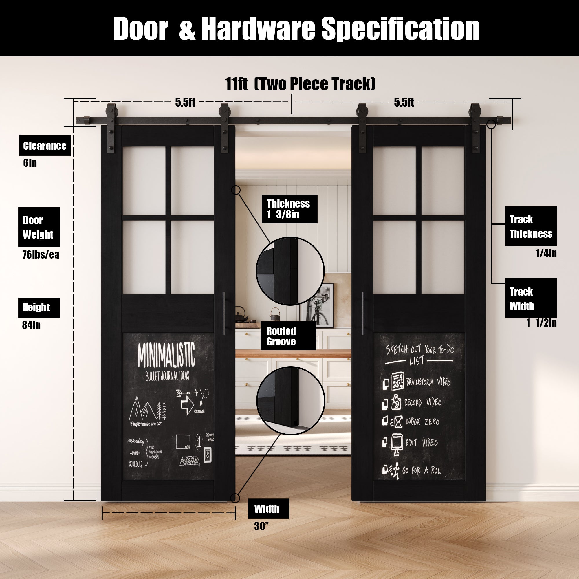 84" Height Black Half Lite Chalkboard Double Unassembled & Finished Pine Wood Barn Doors with Non-Bypass Installation Hardware Kit (Interior Use Only)