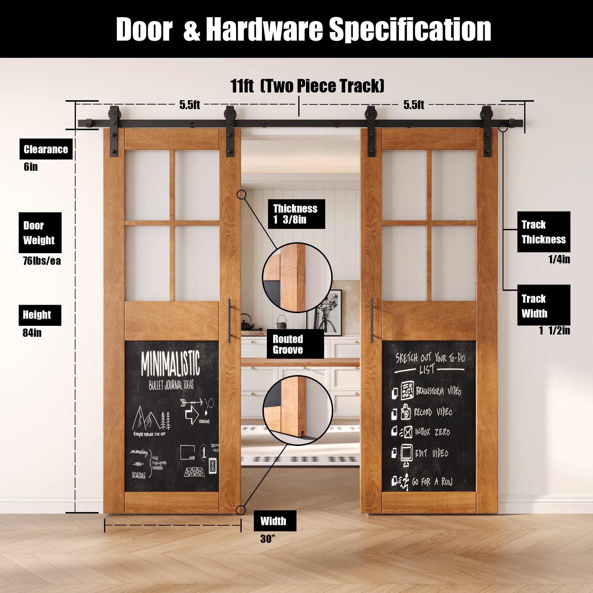 84" Height Early American Half Lite Chalkboard Double Unassembled & Finished Pine Wood Barn Doors with Non-Bypass Installation Hardware Kit (Interior Use Only)