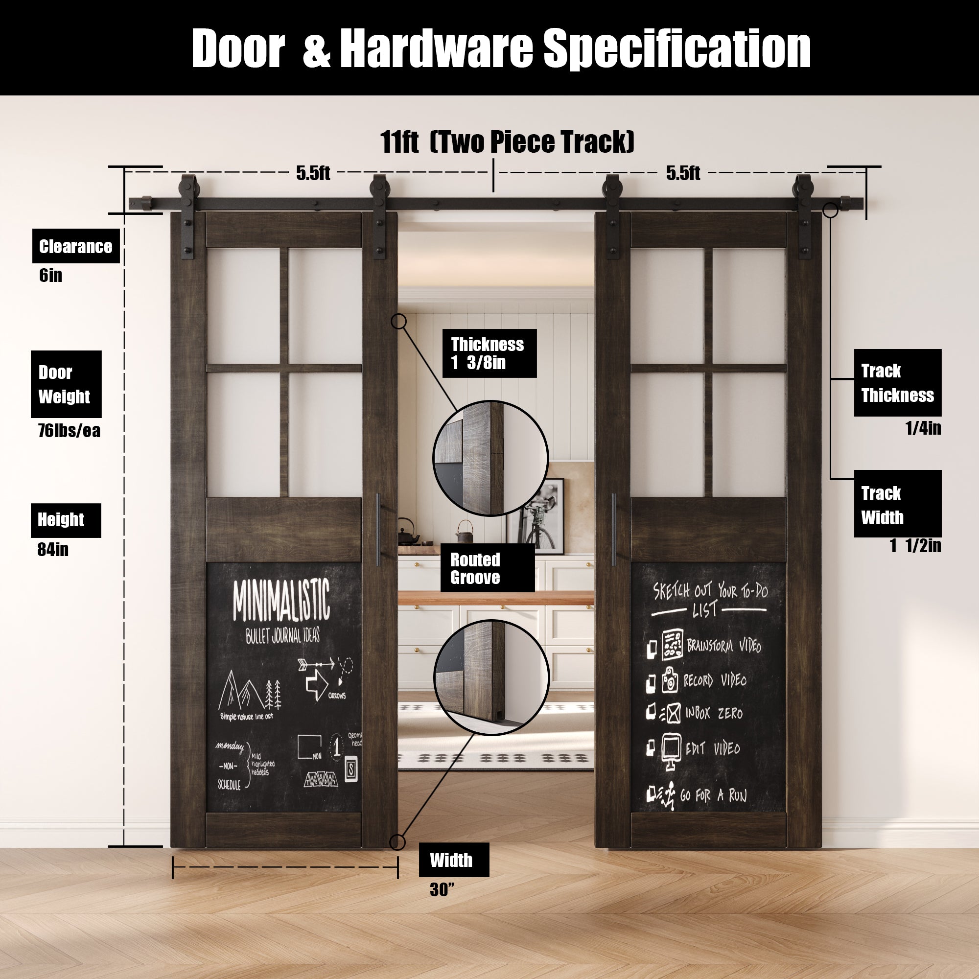 84" Height Ebony Half Lite Chalkboard Double Unassembled & Finished Pine Wood Barn Doors with Non-Bypass Installation Hardware Kit (Interior Use Only)