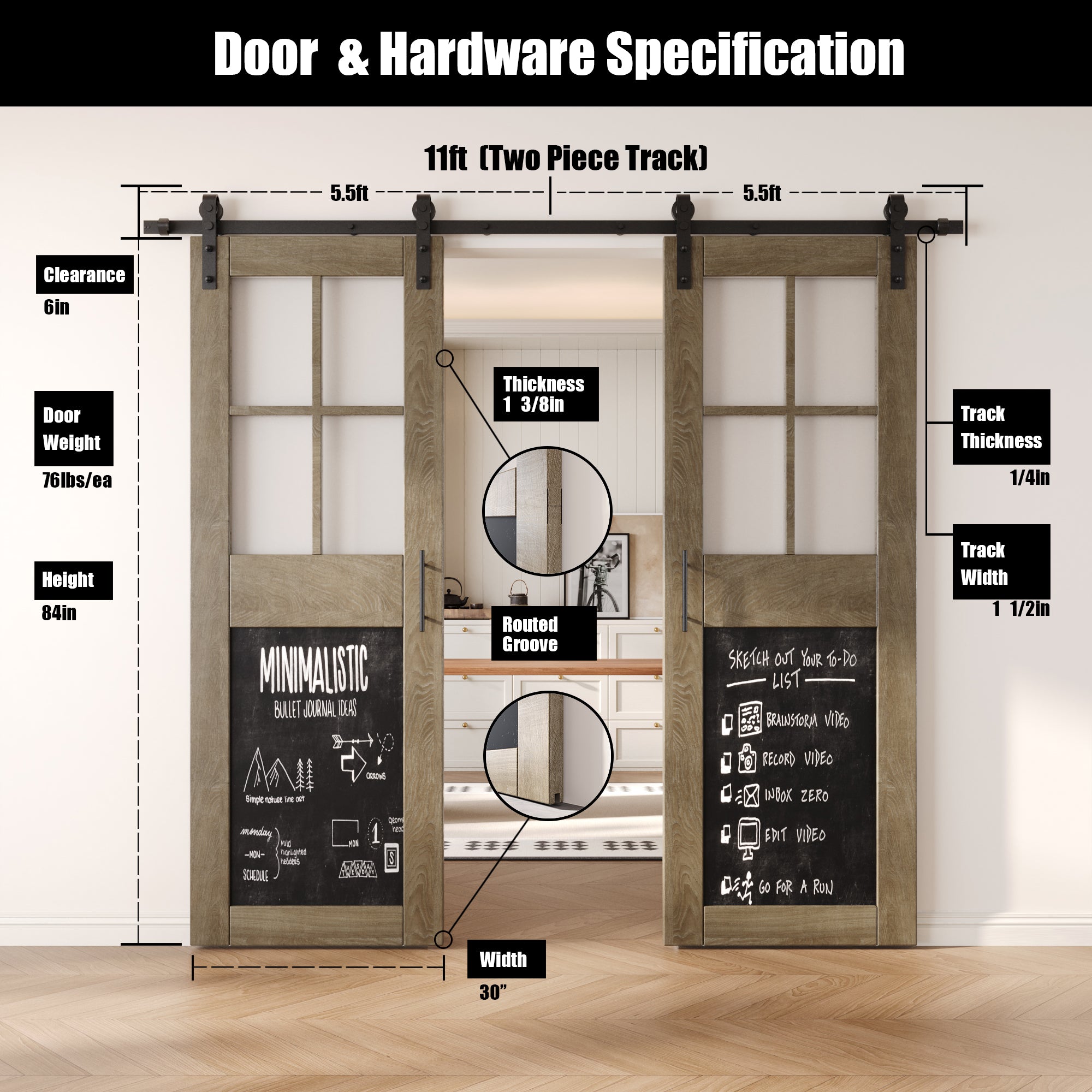 84" Height Classic Gray Half Lite Chalkboard Double Unassembled & Finished Pine Wood Barn Doors with Non-Bypass Installation Hardware Kit (Interior Use Only)