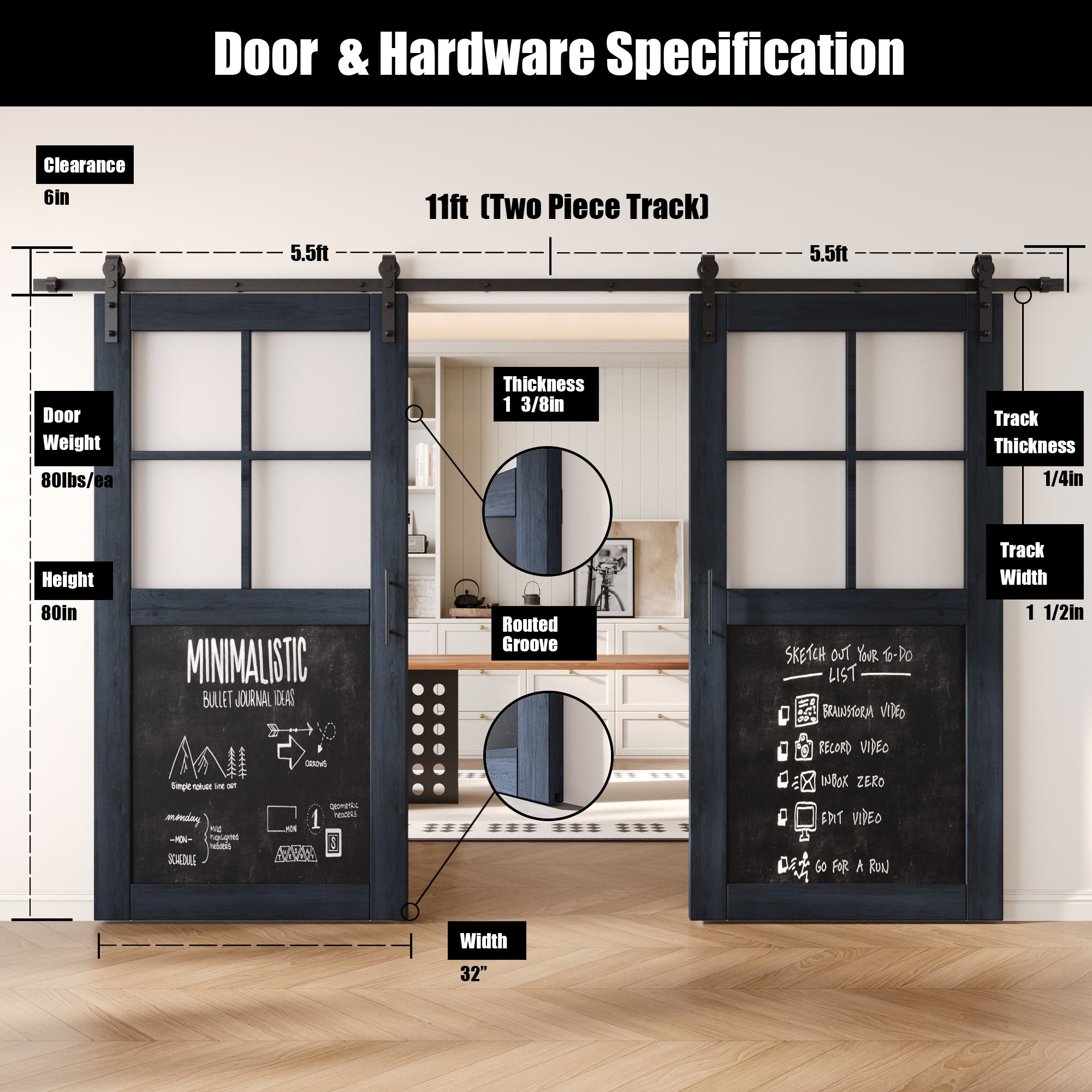 80" Height Half Lite Navy Chalkboard Double Unassembled & Finished Pine Wood Barn Doors with Non-Bypass Installation Hardware Kit (Interior Use Only)