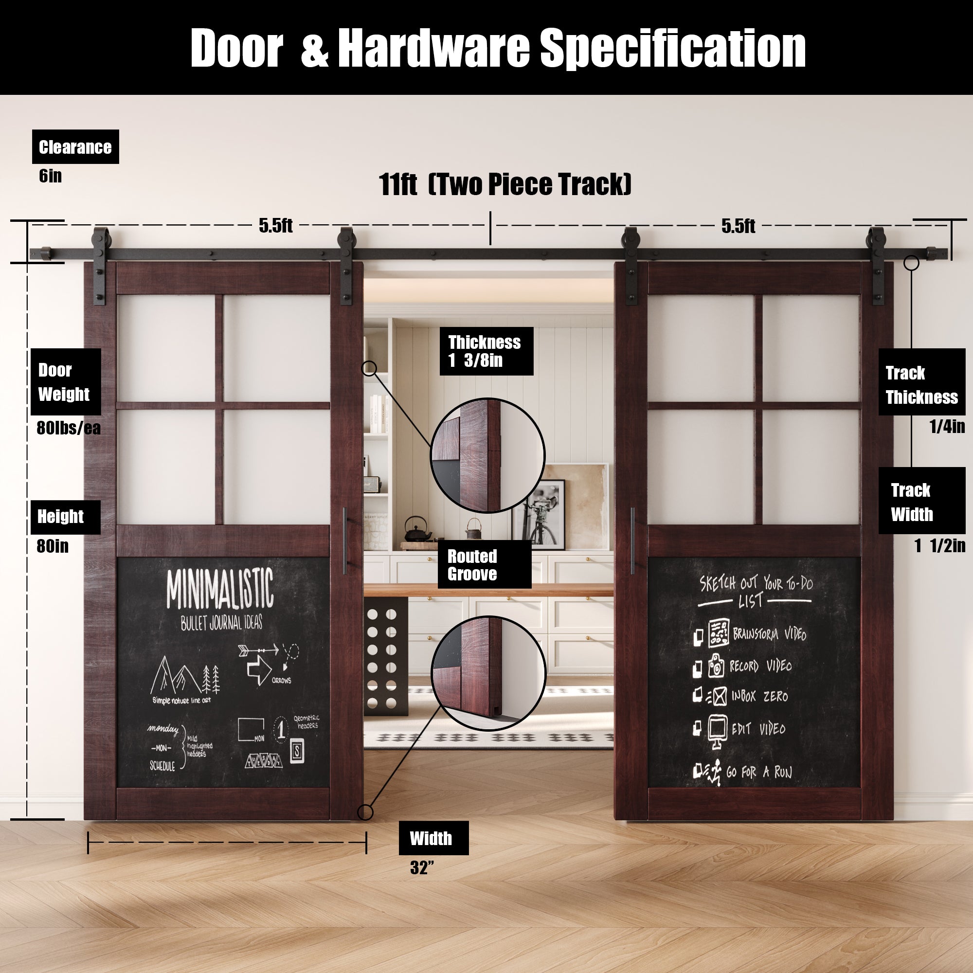 80" Height Half Lite Red Mahogany Chalkboard Double Unassembled & Finished Pine Wood Barn Doors with Non-Bypass Installation Hardware Kit (Interior Use Only)