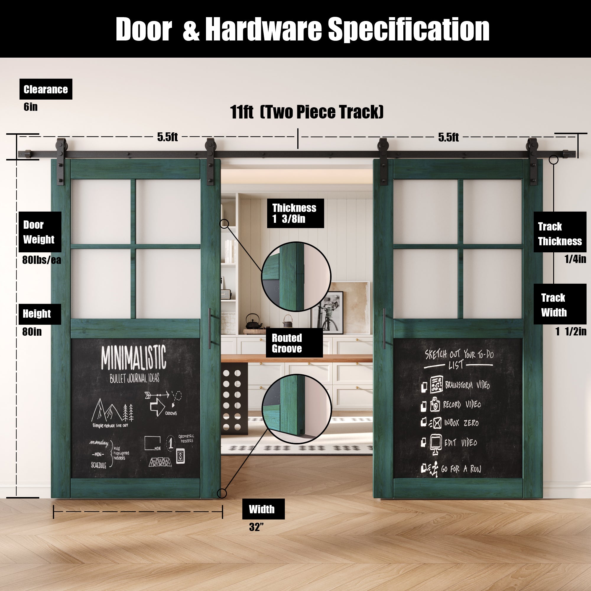 80" Height Half Lite Royal Pine Chalkboard Double Unassembled & Finished Pine Wood Barn Doors with Non-Bypass Installation Hardware Kit (Interior Use Only)