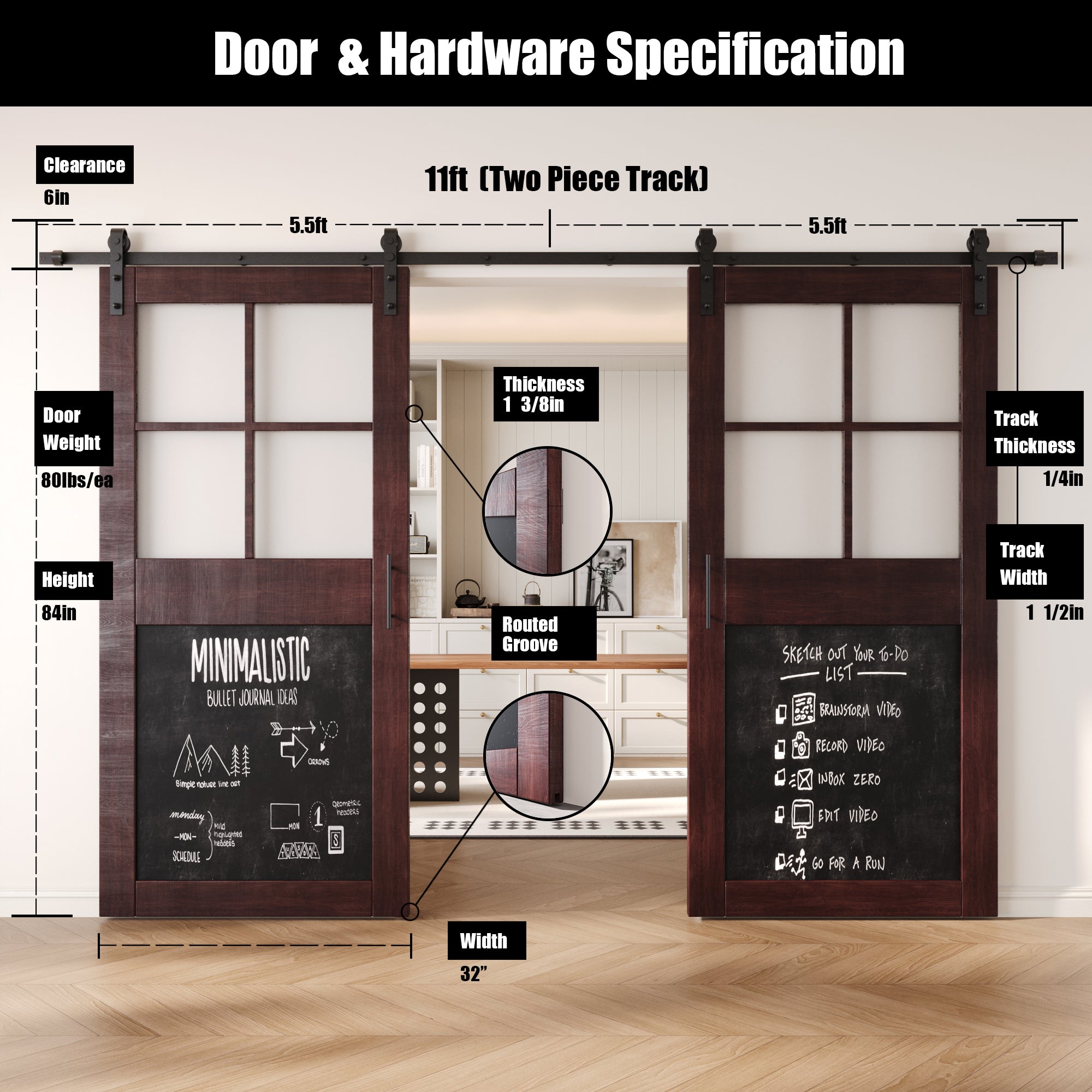 84" Height Red Mahogany Half Lite Chalkboard Double Unassembled & Finished Pine Wood Barn Doors with Non-Bypass Installation Hardware Kit (Interior Use Only)