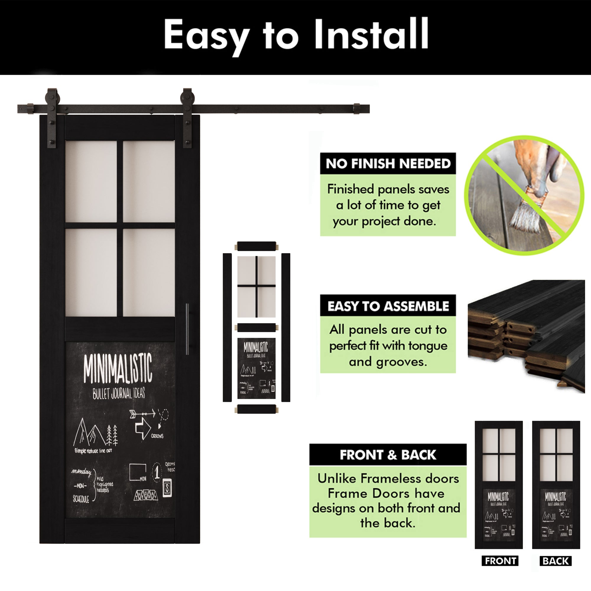 80" Height Black Half Lite Chalkboard Double Unassembled & Finished Pine Wood Barn Doors with Non-Bypass Installation Hardware Kit (Interior Use Only)