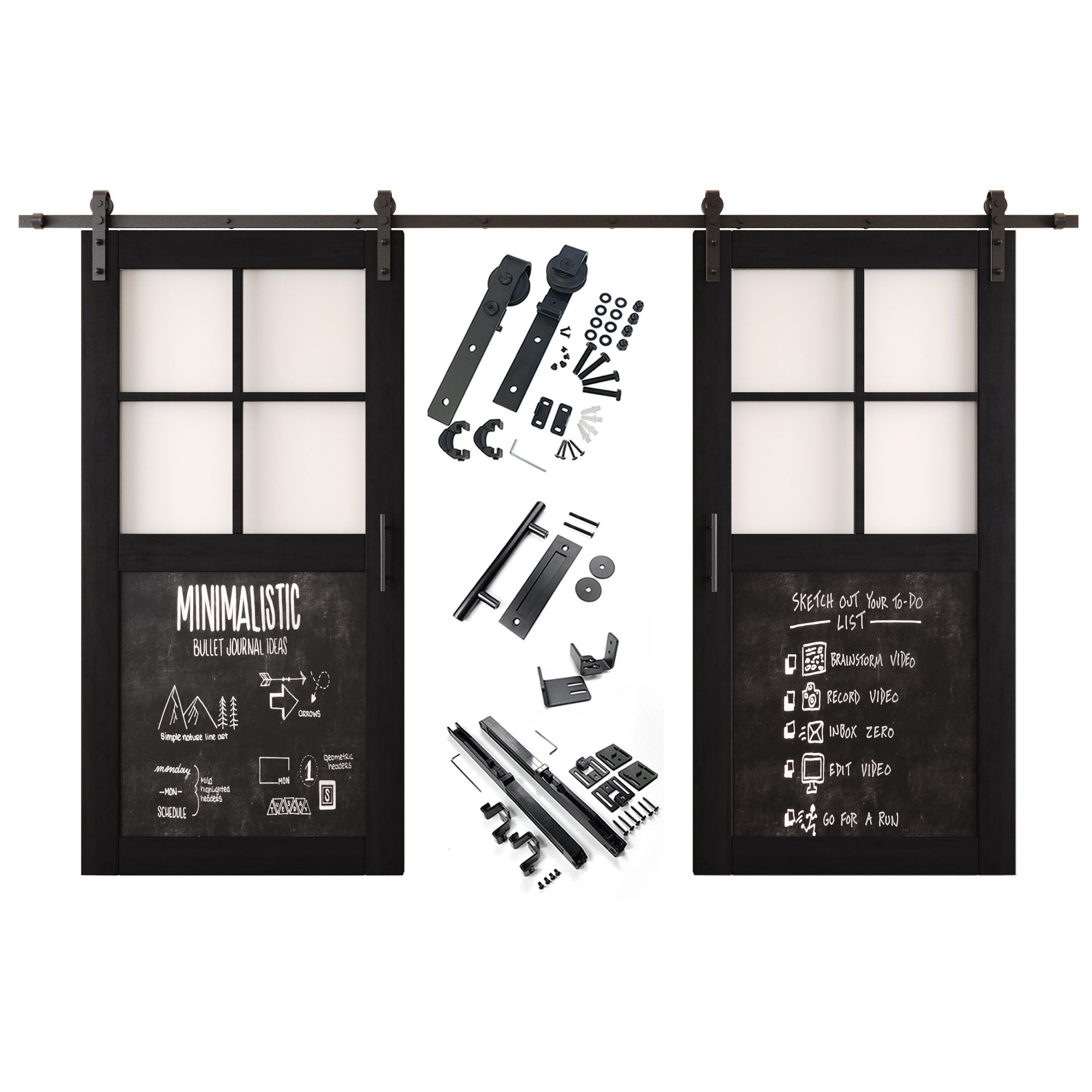 80" Height Black Half Lite Chalkboard Double Unassembled & Finished Pine Wood Barn Doors with Non-Bypass Installation Hardware Kit (Interior Use Only)
