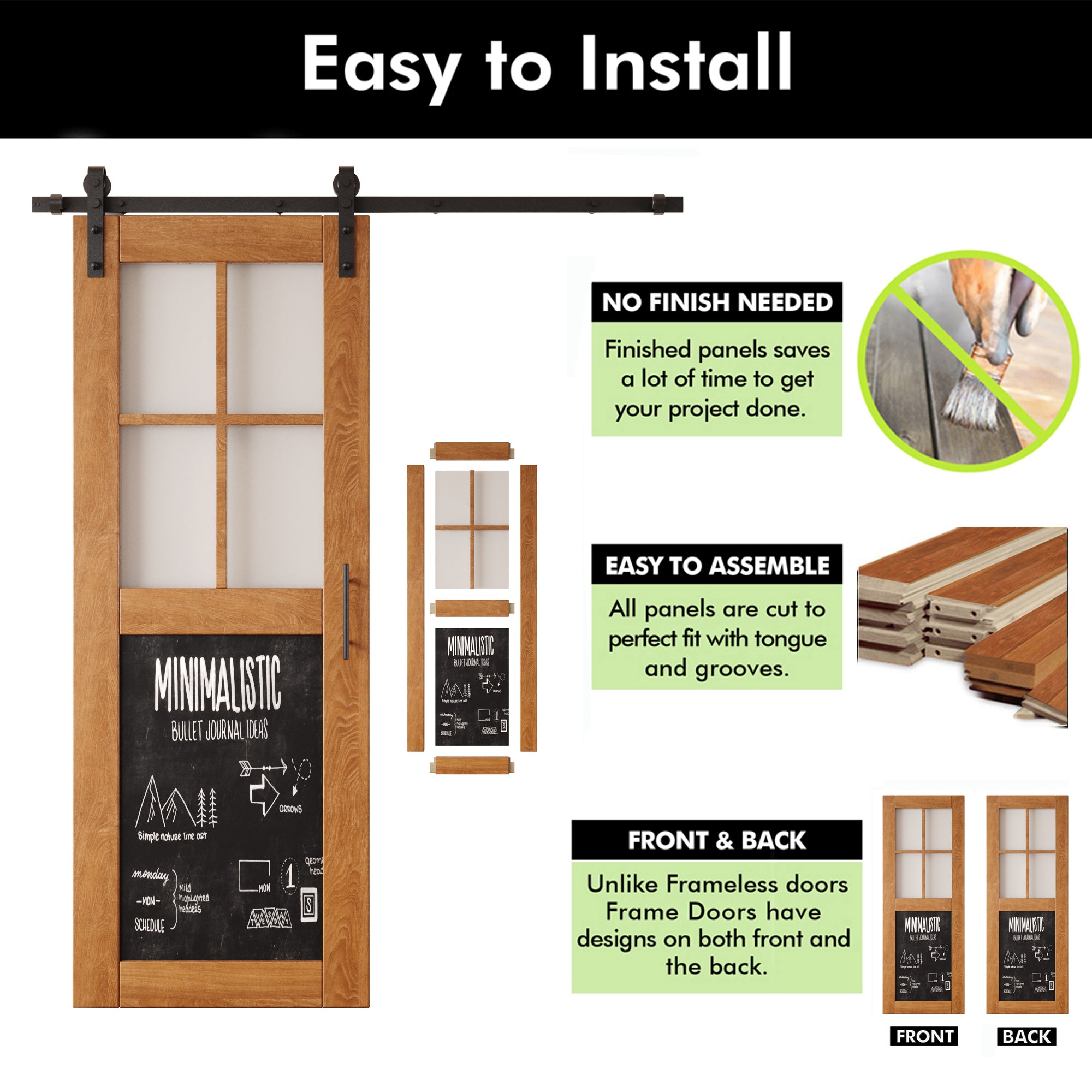 80" Height Half Lite Early American Chalkboard Double Unassembled & Finished Pine Wood Barn Doors with Non-Bypass Installation Hardware Kit (Interior Use Only)