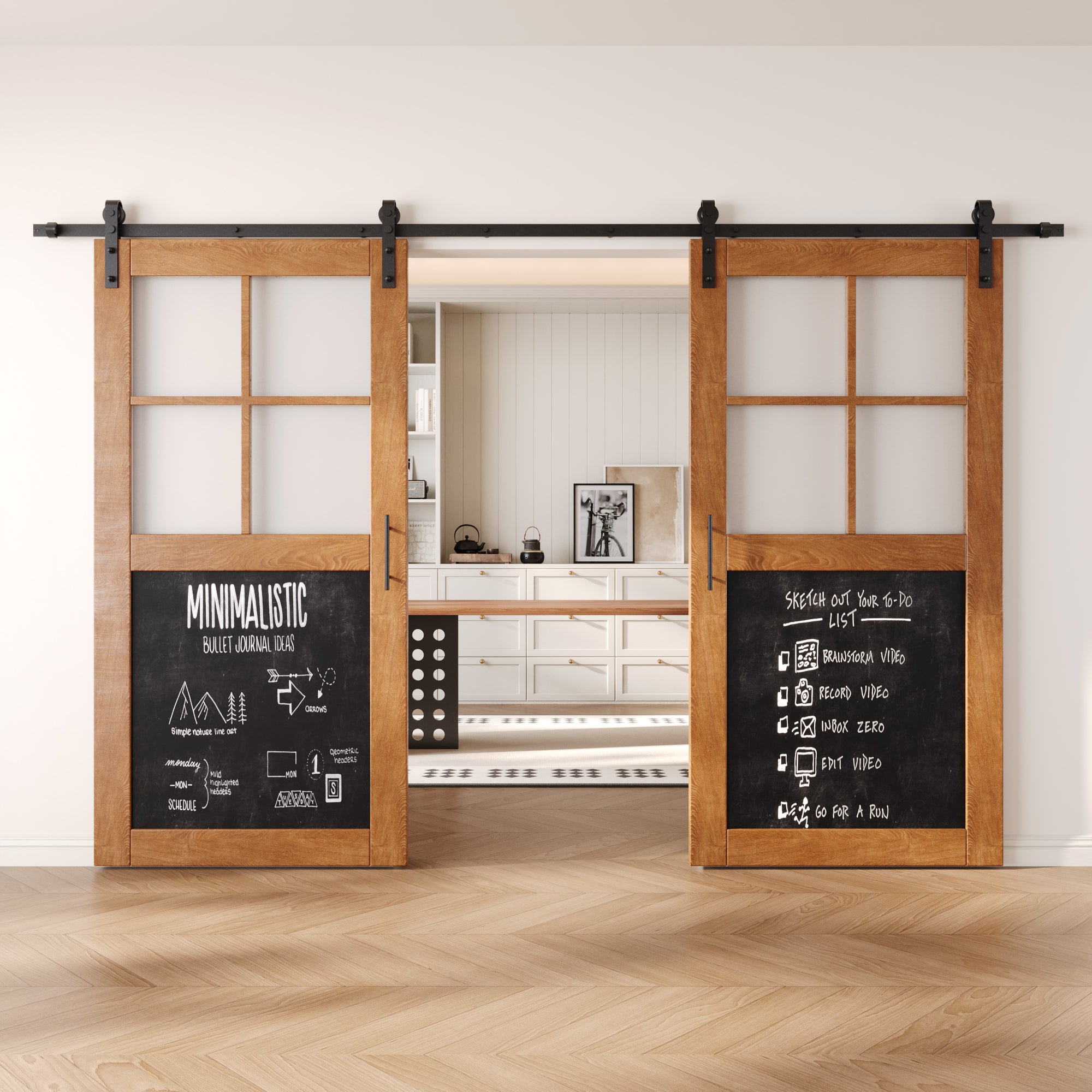 80" Height Half Lite Early American Chalkboard Double Unassembled & Finished Pine Wood Barn Doors with Non-Bypass Installation Hardware Kit (Interior Use Only)