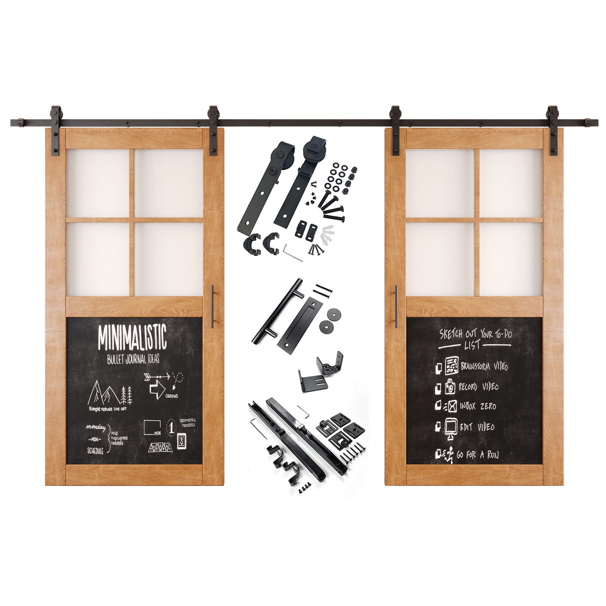 80" Height Half Lite Early American Chalkboard Double Unassembled & Finished Pine Wood Barn Doors with Non-Bypass Installation Hardware Kit (Interior Use Only)