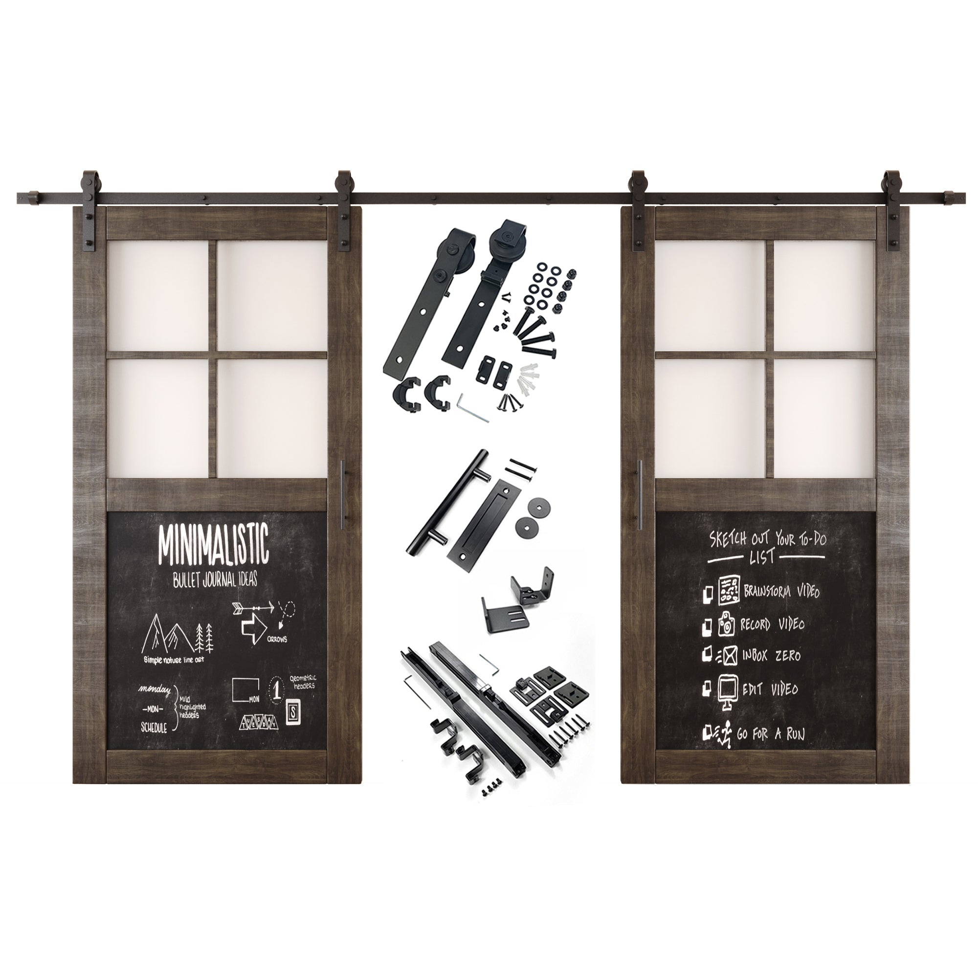 80" Height Half Lite Ebony Chalkboard Double Unassembled & Finished Pine Wood Barn Doors with Non-Bypass Installation Hardware Kit (Interior Use Only)