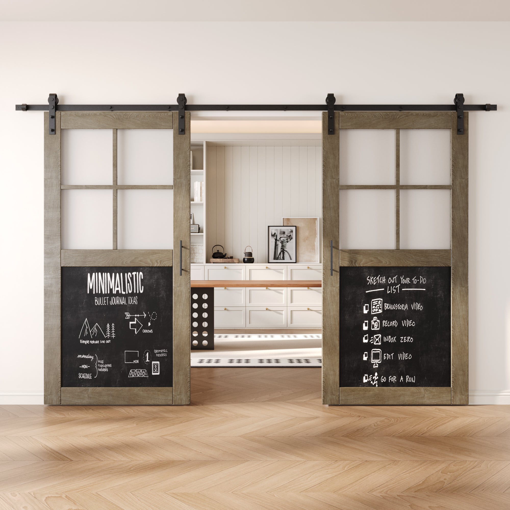 80" Height Classic Gray Half Lite Chalkboard Double Unassembled & Finished Pine Wood Barn Doors with Non-Bypass Installation Hardware Kit (Interior Use Only)