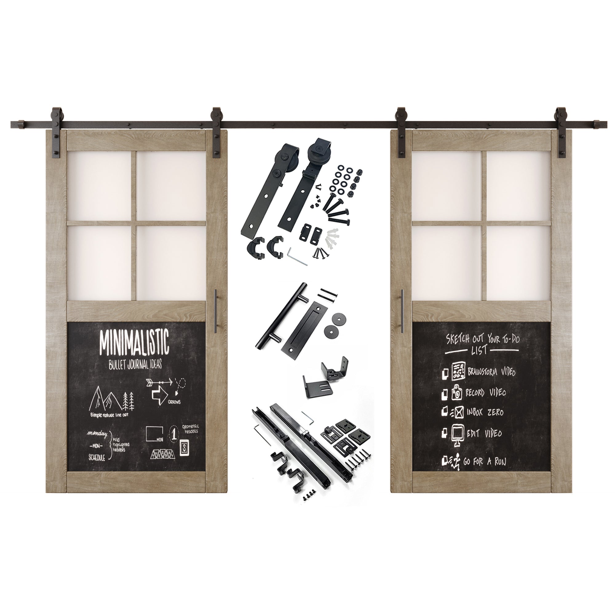 80" Height Classic Gray Half Lite Chalkboard Double Unassembled & Finished Pine Wood Barn Doors with Non-Bypass Installation Hardware Kit (Interior Use Only)