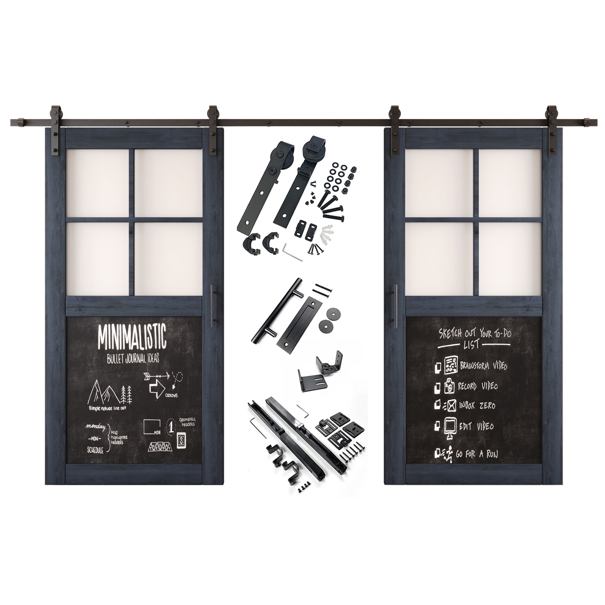 80" Height Half Lite Navy Chalkboard Double Unassembled & Finished Pine Wood Barn Doors with Non-Bypass Installation Hardware Kit (Interior Use Only)