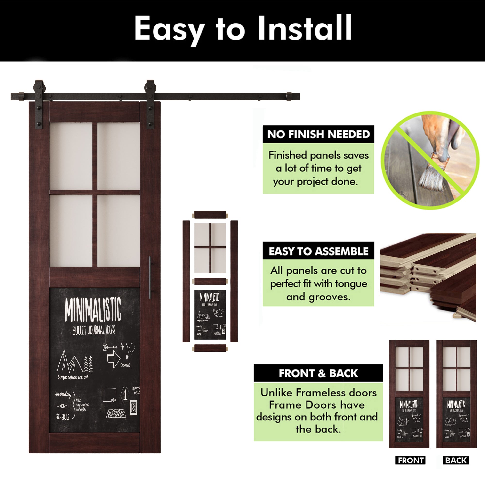 80" Height Half Lite Red Mahogany Chalkboard Double Unassembled & Finished Pine Wood Barn Doors with Non-Bypass Installation Hardware Kit (Interior Use Only)