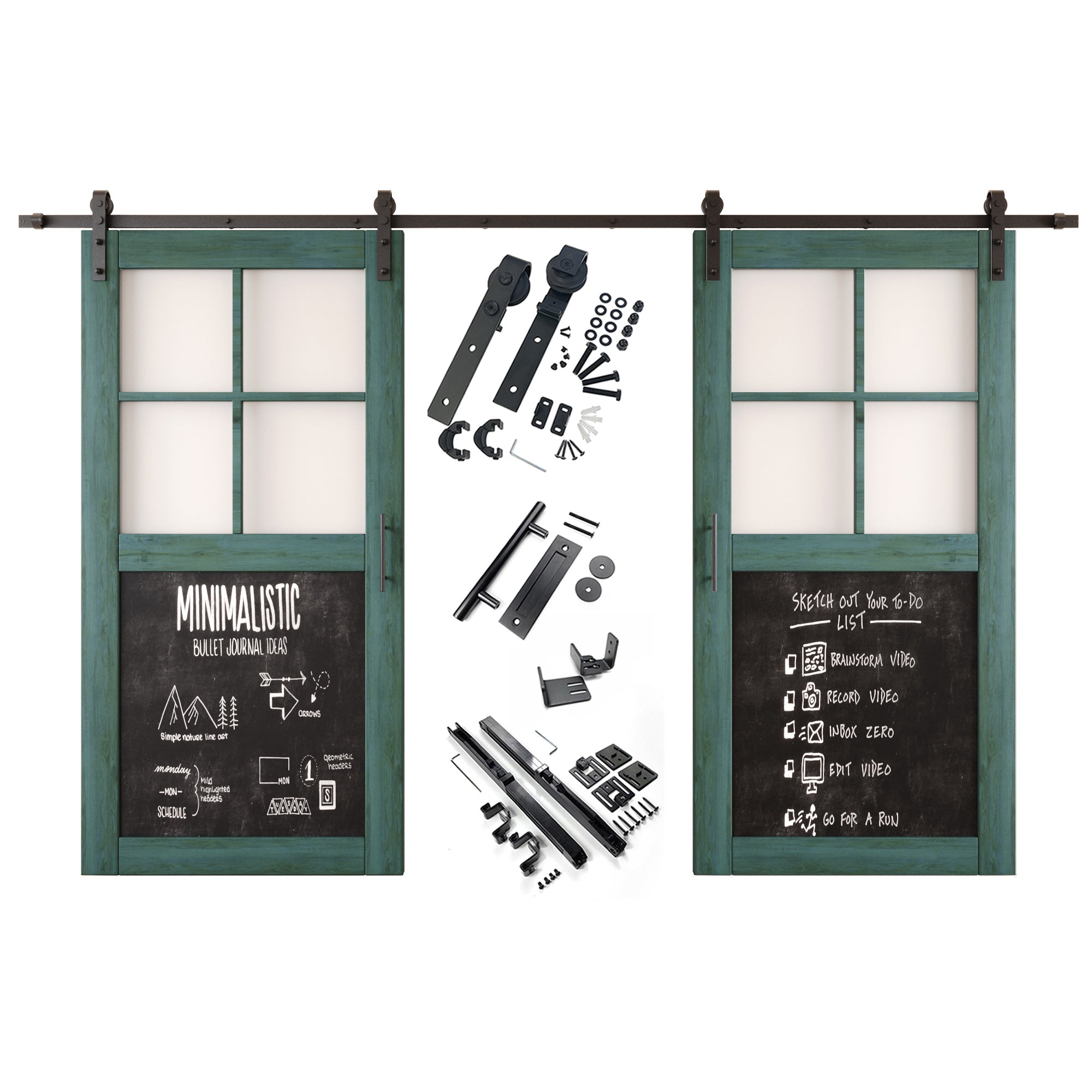 80" Height Half Lite Royal Pine Chalkboard Double Unassembled & Finished Pine Wood Barn Doors with Non-Bypass Installation Hardware Kit (Interior Use Only)
