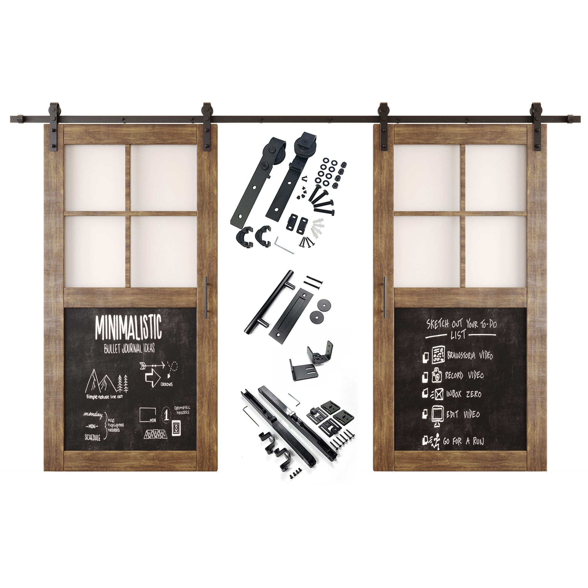 80" Height Dark Walnut Half Lite Chalkboard Double Unassembled & Finished Pine Wood Barn Doors with Non-Bypass Installation Hardware Kit (Interior Use Only)