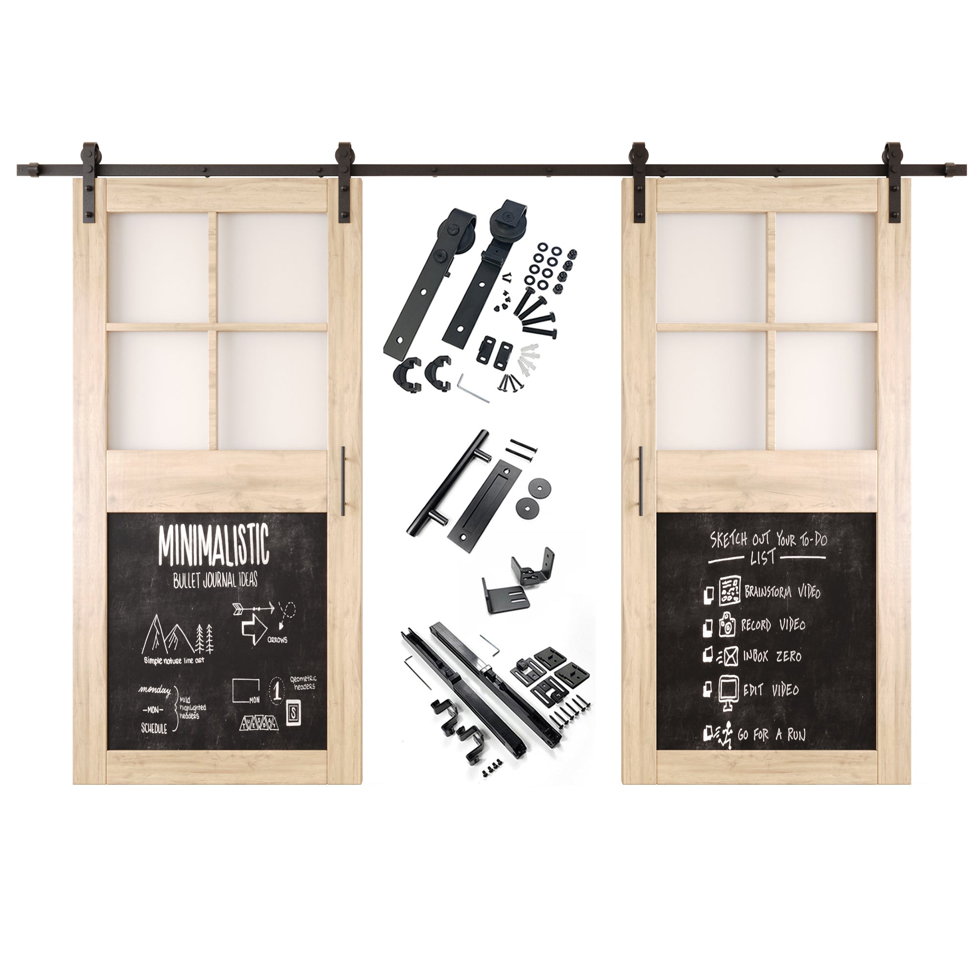 84" Height Half Lite Chalkboard Double Unassembled & Unfinished Pine Wood Barn Doors with Non-Bypass Installation Hardware Kit (Interior Use Only)