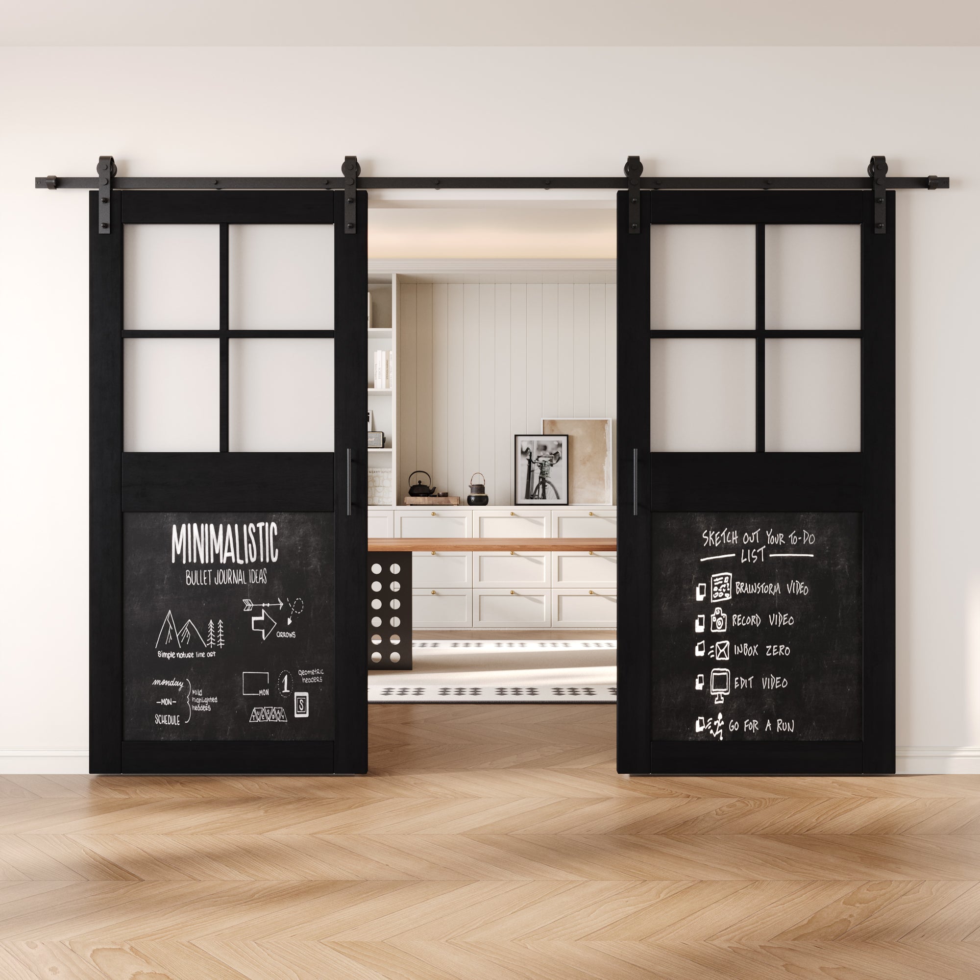 84" Height Black Half Lite Chalkboard Double Unassembled & Finished Pine Wood Barn Doors with Non-Bypass Installation Hardware Kit (Interior Use Only)