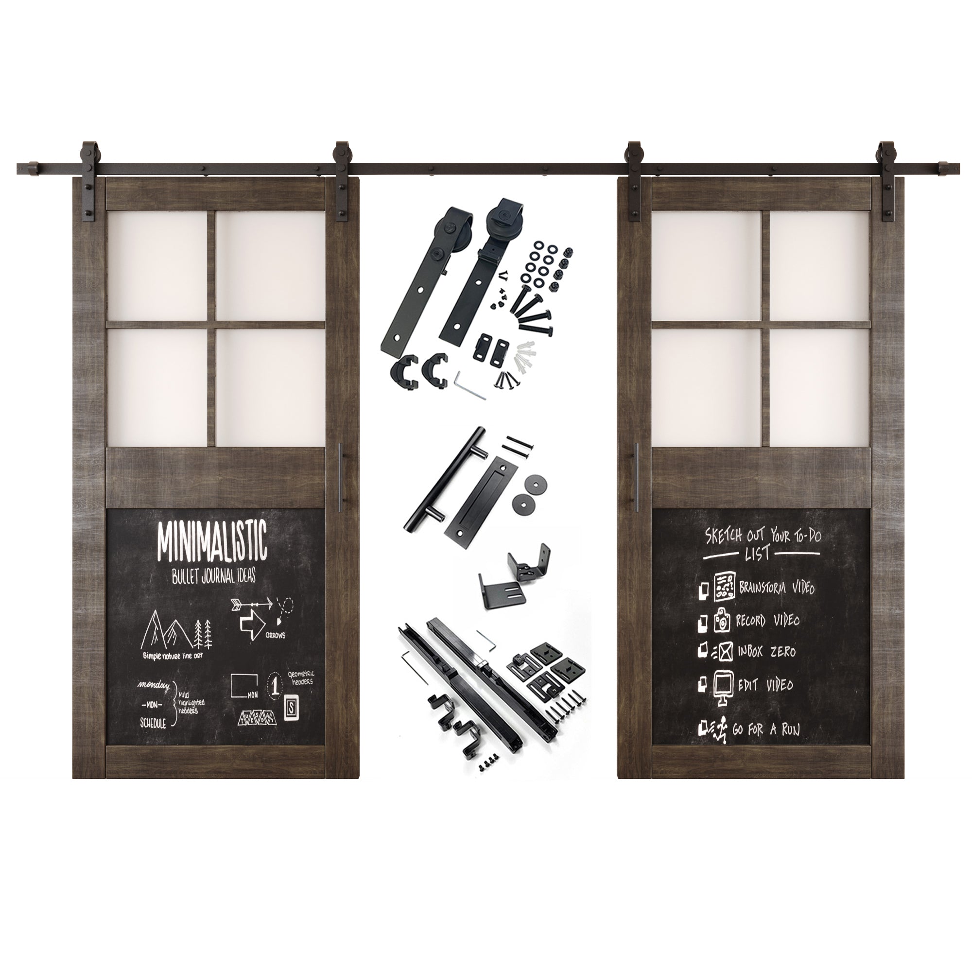 84" Height Ebony Half Lite Chalkboard Double Unassembled & Finished Pine Wood Barn Doors with Non-Bypass Installation Hardware Kit (Interior Use Only)