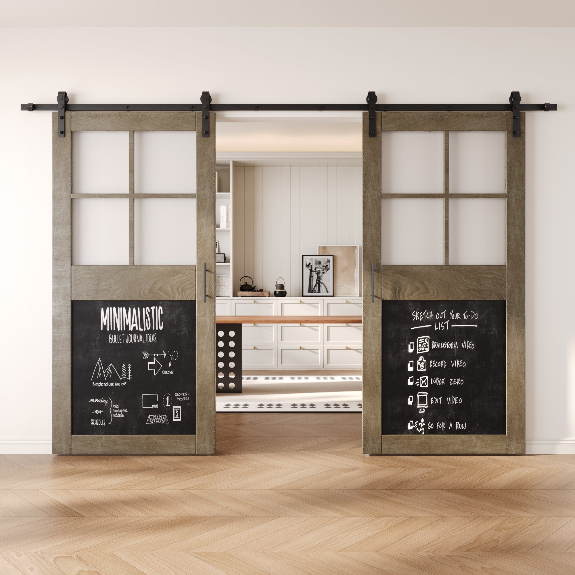 84" Height Classic Gray Half Lite Chalkboard Double Unassembled & Finished Pine Wood Barn Doors with Non-Bypass Installation Hardware Kit (Interior Use Only)