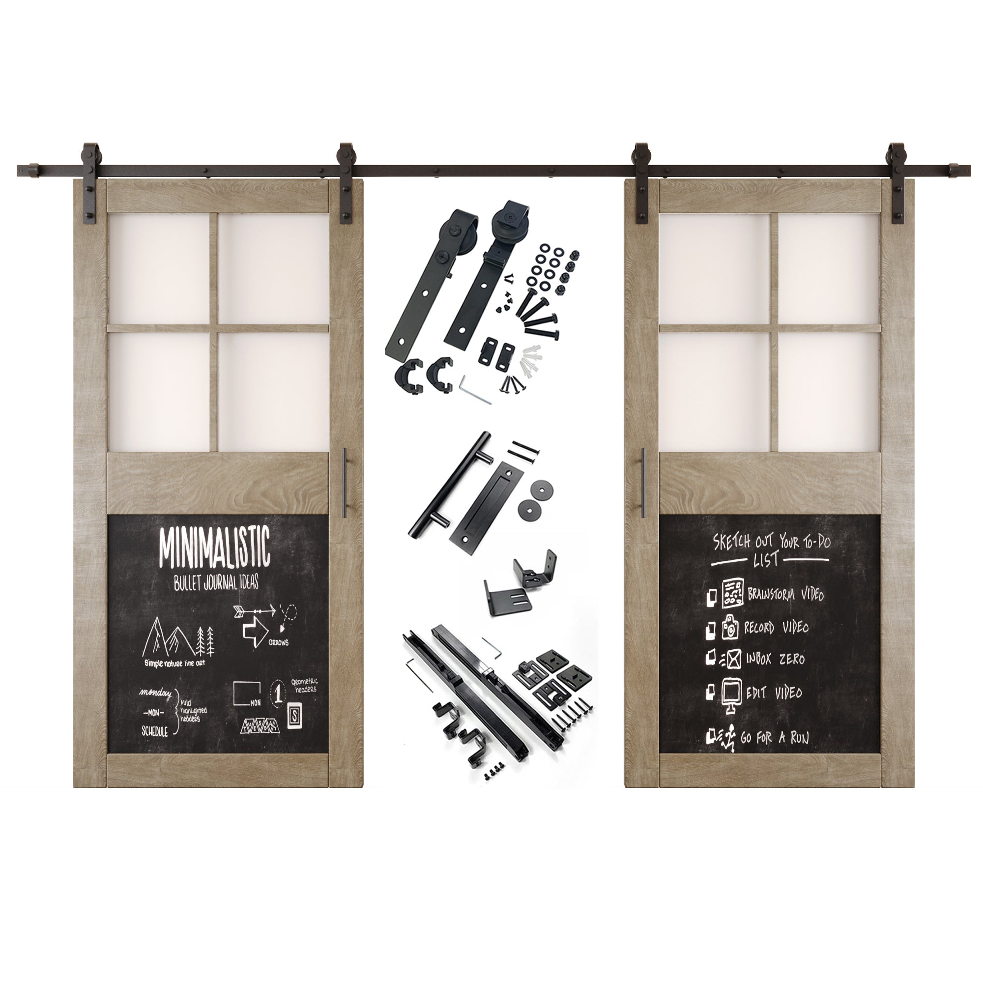 84" Height Classic Gray Half Lite Chalkboard Double Unassembled & Finished Pine Wood Barn Doors with Non-Bypass Installation Hardware Kit (Interior Use Only)