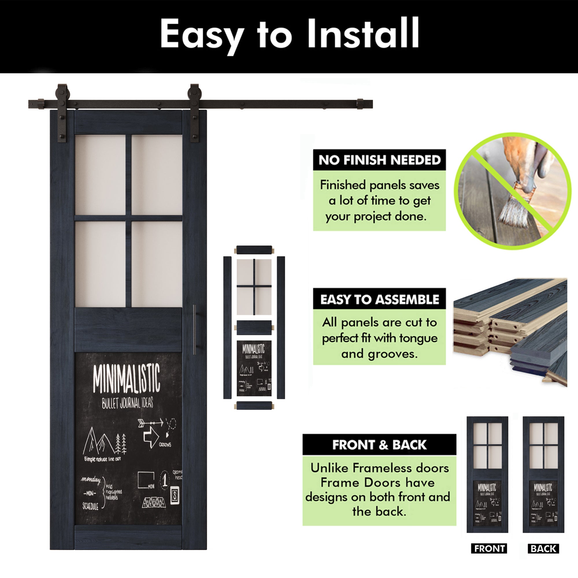 84" Height Navy Half Lite Chalkboard Double Unassembled & Finished Pine Wood Barn Doors with Non-Bypass Installation Hardware Kit (Interior Use Only)