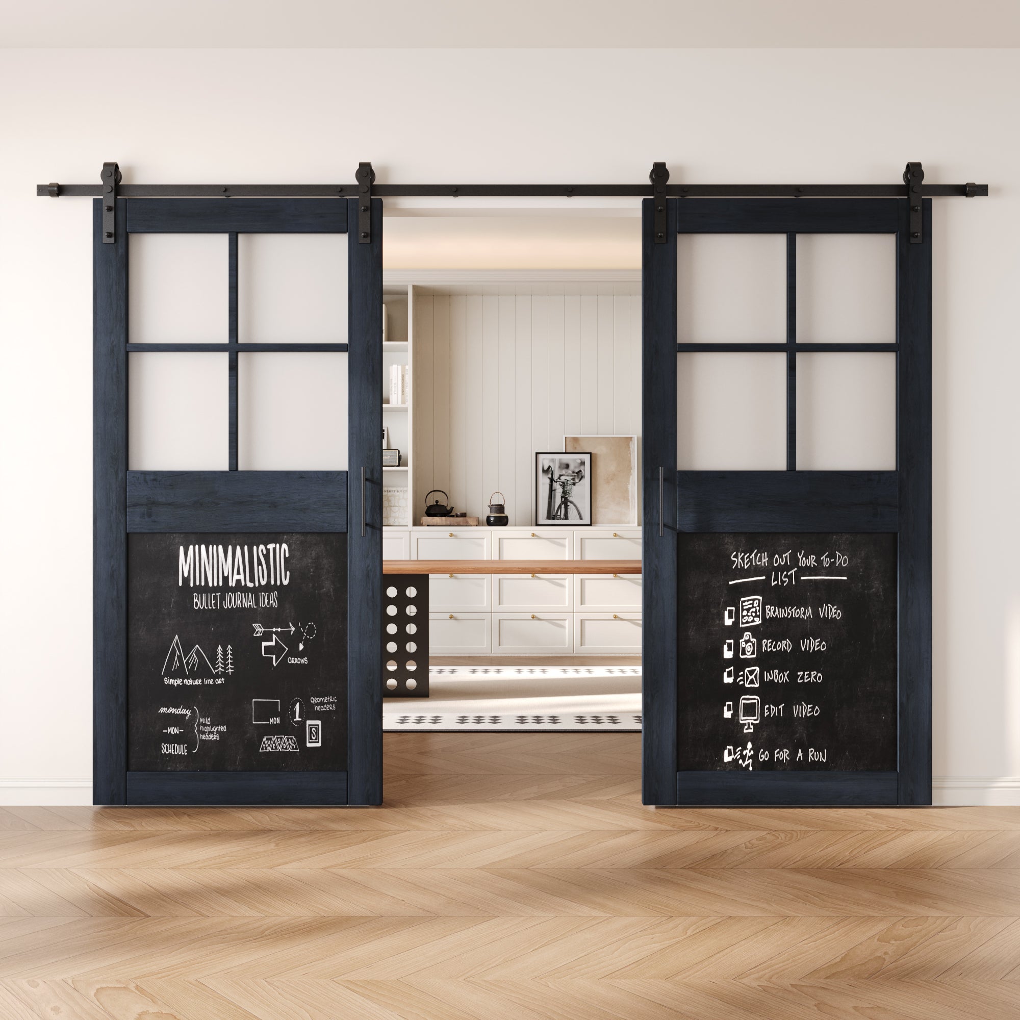 84" Height Navy Half Lite Chalkboard Double Unassembled & Finished Pine Wood Barn Doors with Non-Bypass Installation Hardware Kit (Interior Use Only)