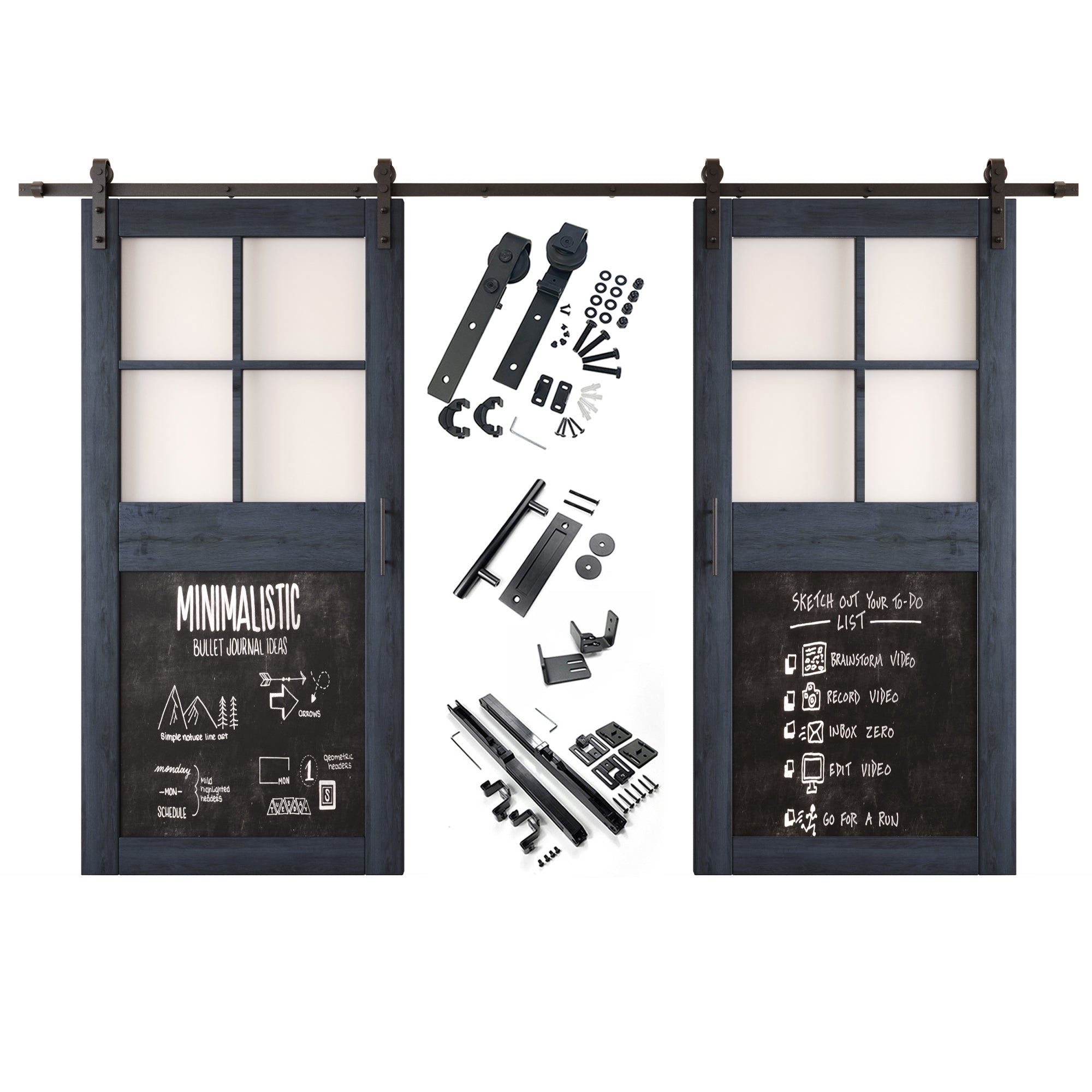 84" Height Navy Half Lite Chalkboard Double Unassembled & Finished Pine Wood Barn Doors with Non-Bypass Installation Hardware Kit (Interior Use Only)