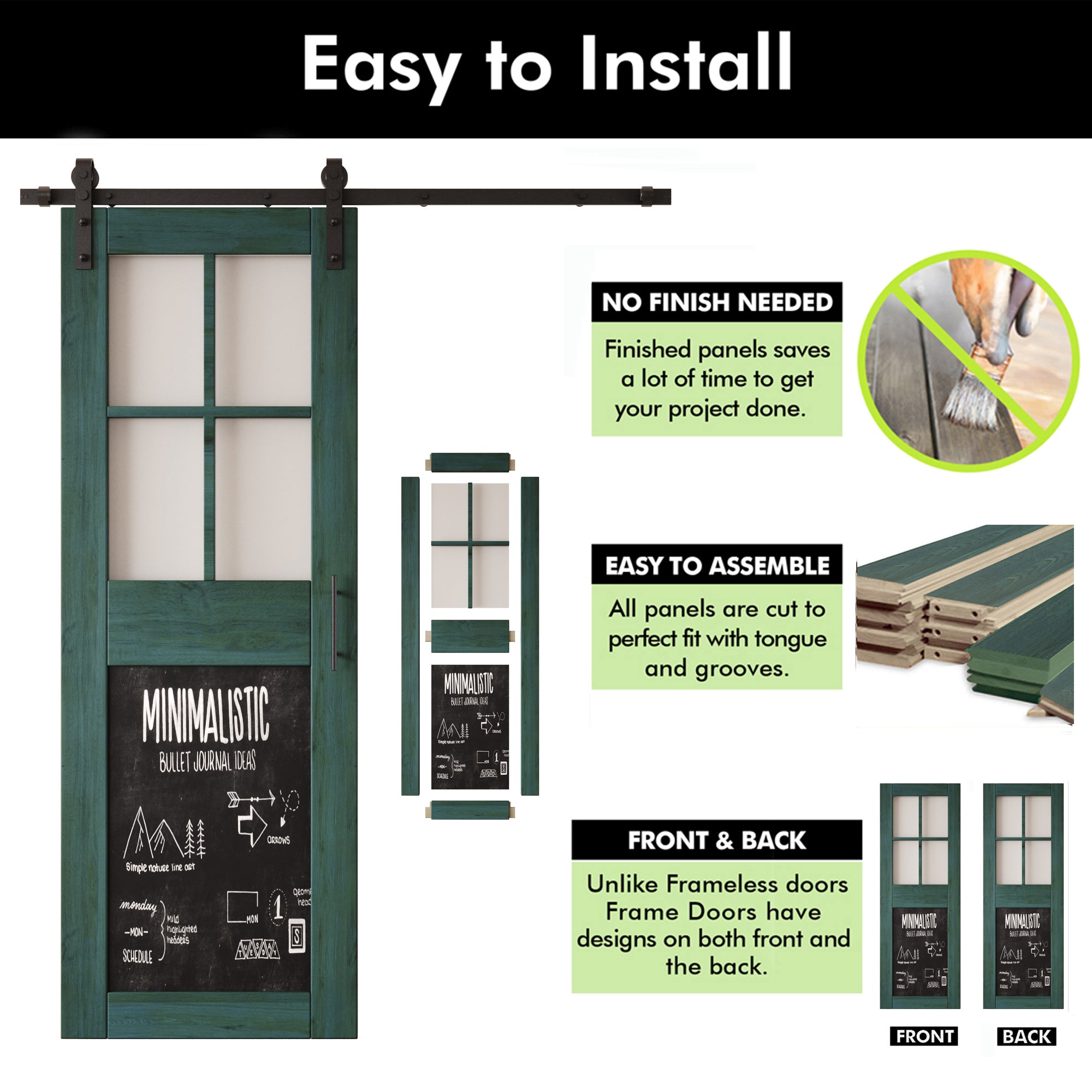 84" Height Royal Pine Half Lite Chalkboard Double Unassembled & Finished Pine Wood Barn Doors with Non-Bypass Installation Hardware Kit (Interior Use Only)
