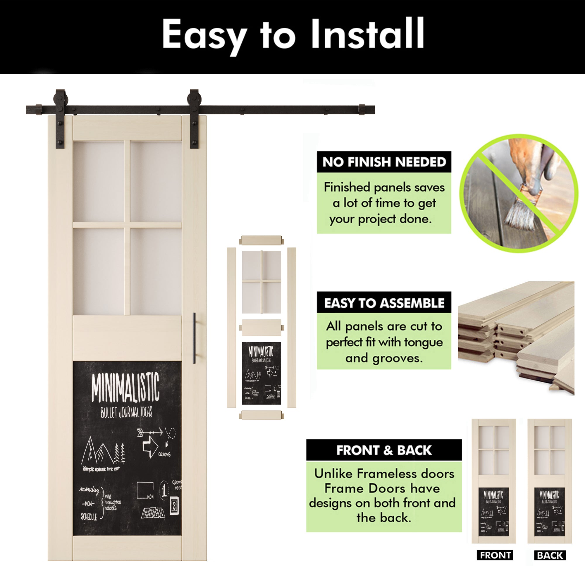 84" Height Tinsmith Gray Half Lite Chalkboard Double Unassembled & Finished Pine Wood Barn Doors with Non-Bypass Installation Hardware Kit (Interior Use Only)