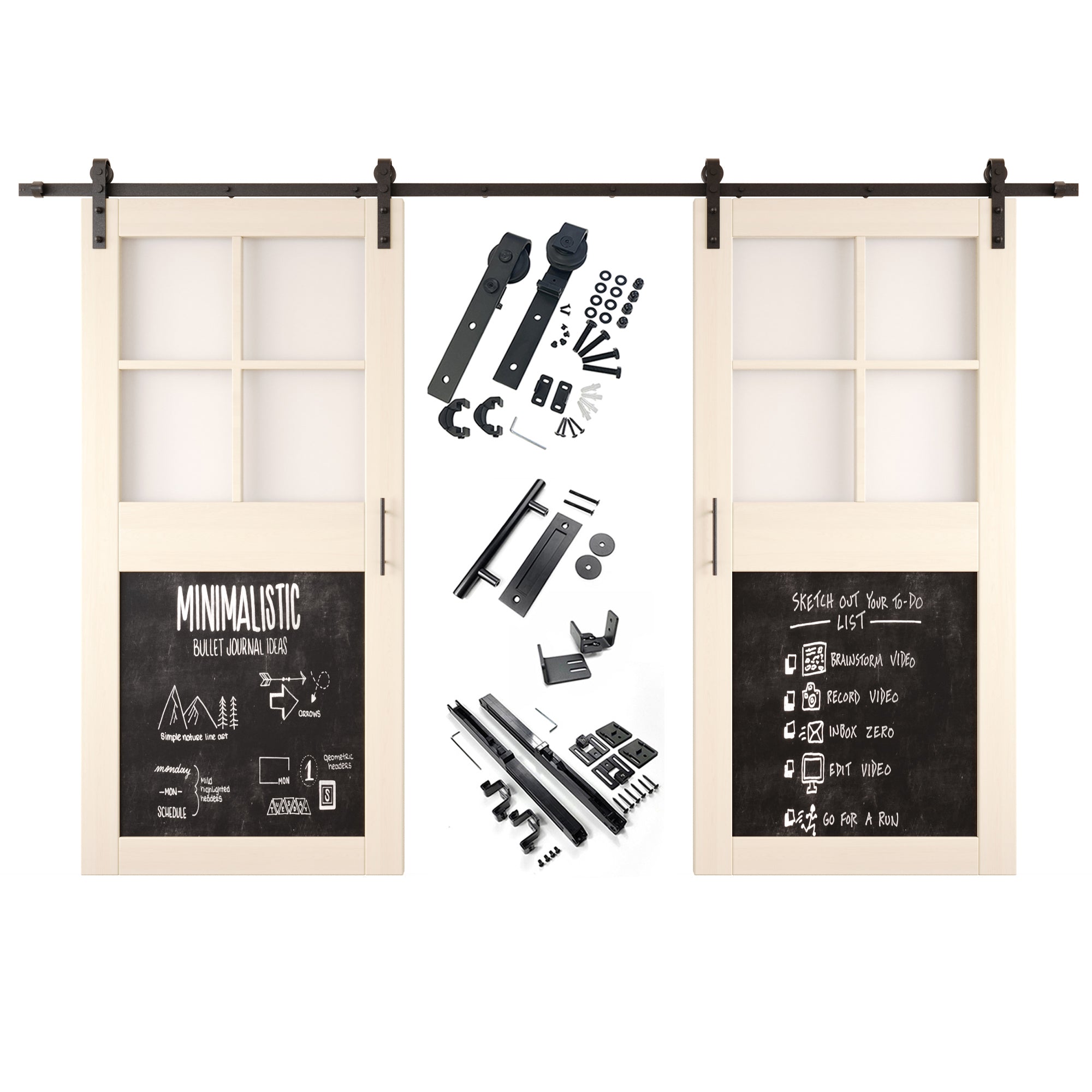 84" Height Tinsmith Gray Half Lite Chalkboard Double Unassembled & Finished Pine Wood Barn Doors with Non-Bypass Installation Hardware Kit (Interior Use Only)