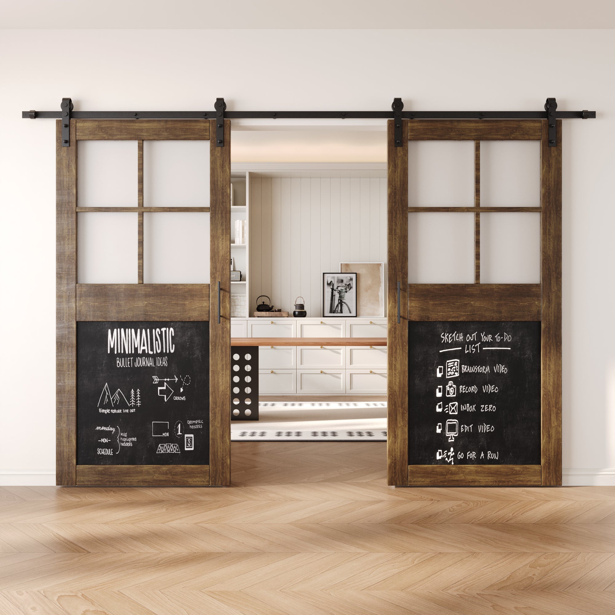 84" Height Dark Walnut Half Lite Chalkboard Double Unassembled & Finished Pine Wood Barn Doors with Non-Bypass Installation Hardware Kit (Interior Use Only)