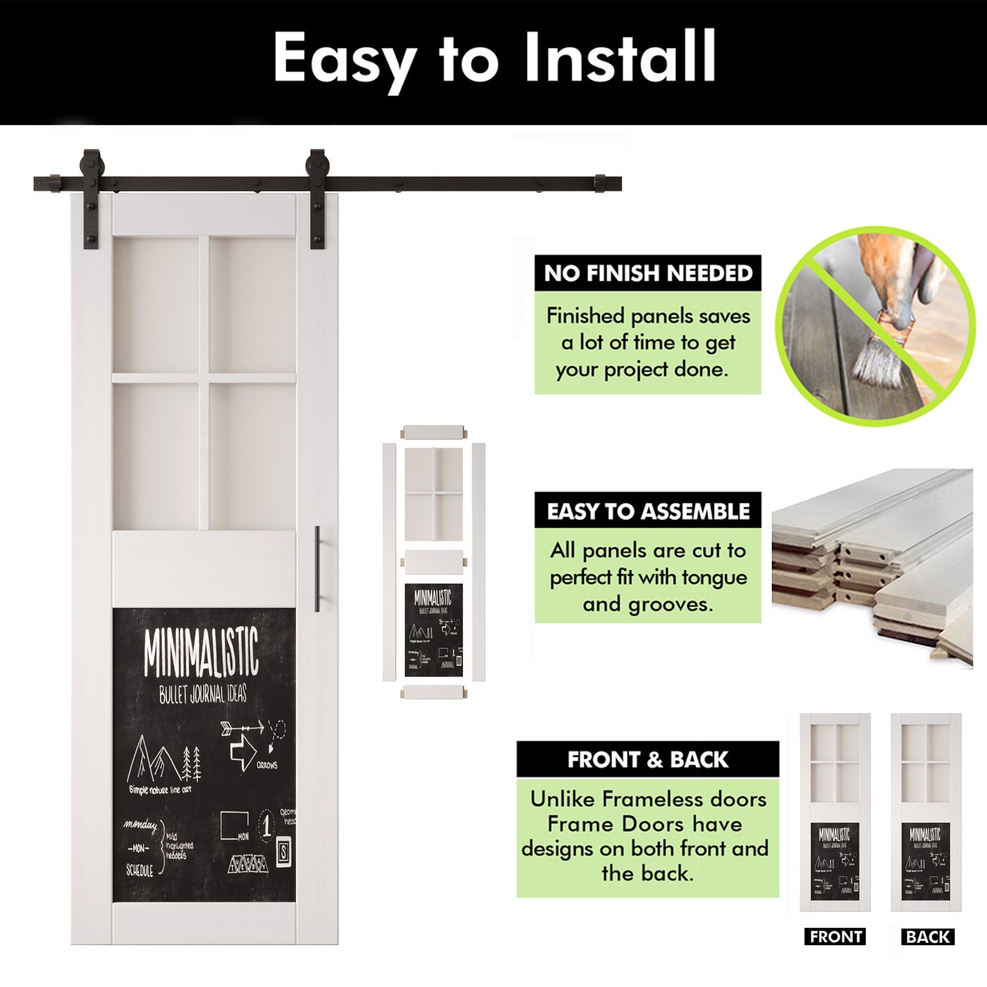 84" Height White Half Lite Chalkboard Double Unassembled & Finished Pine Wood Barn Doors with Non-Bypass Installation Hardware Kit (Interior Use Only)