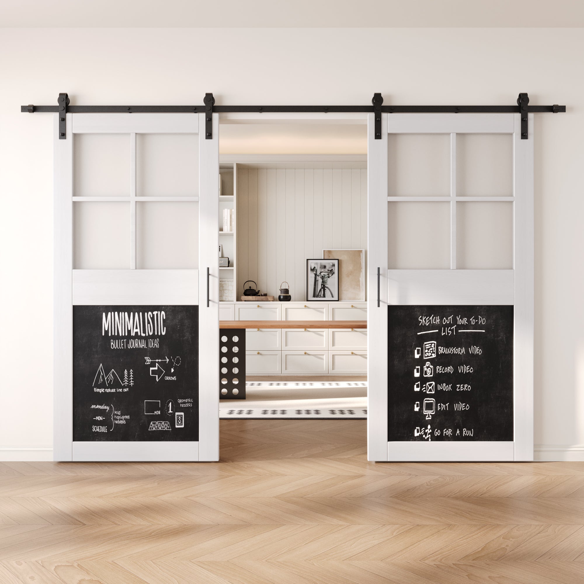 84" Height White Half Lite Chalkboard Double Unassembled & Finished Pine Wood Barn Doors with Non-Bypass Installation Hardware Kit (Interior Use Only)