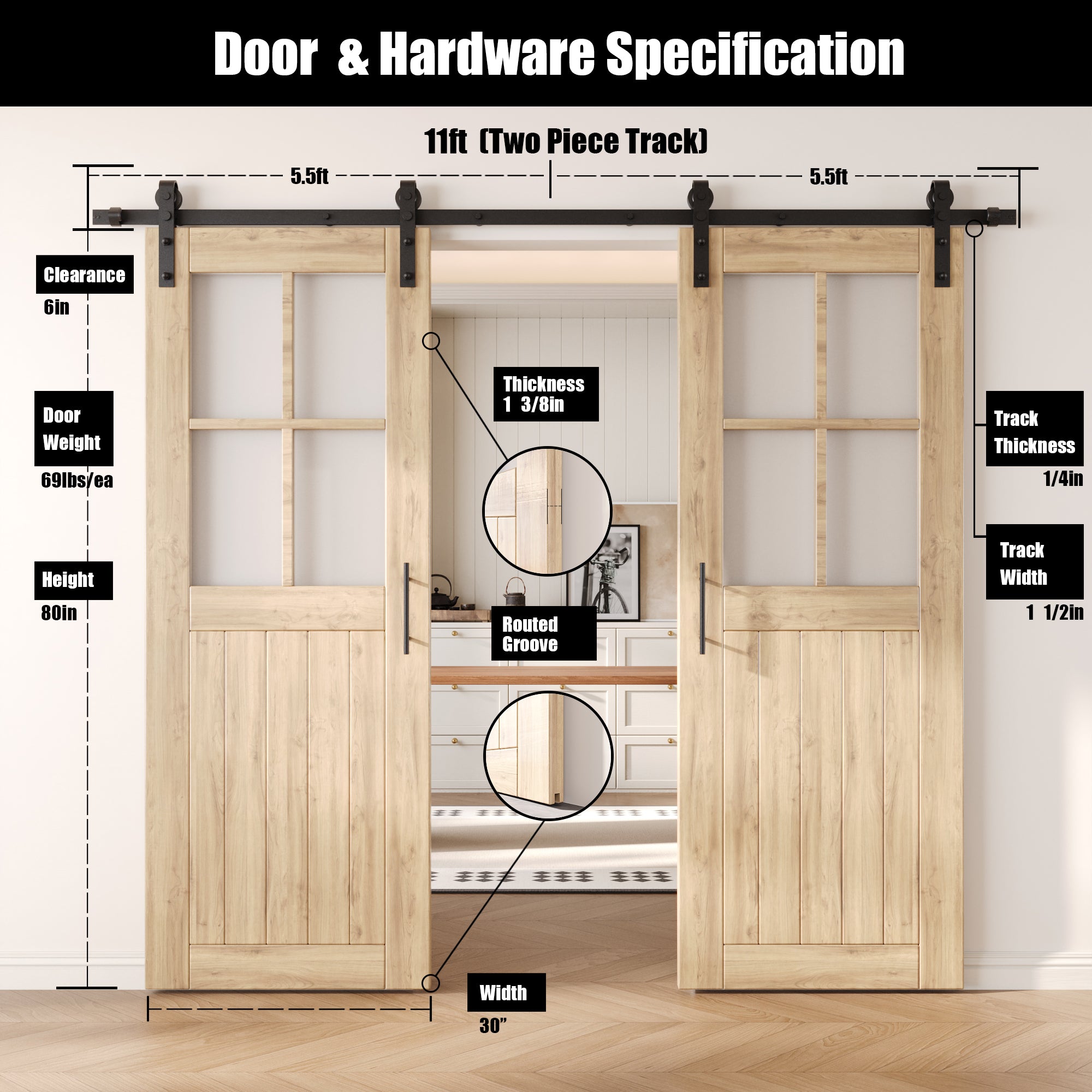 80" Height Half Lite Grid Glass Double Unassembled & Unfinished Pine Wood Barn Doors with Non-Bypass Installation Hardware Kit (Interior Use Only)