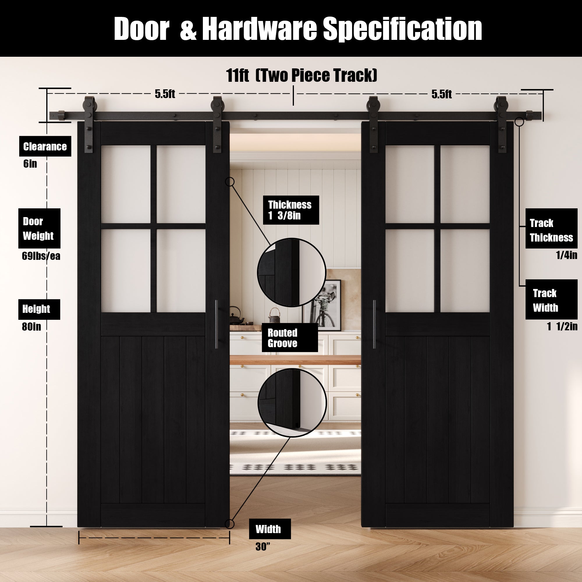 80" Height Black Half Lite Grid Glass Double Unassembled & Finished Pine Wood Barn Doors with Non-Bypass Installation Hardware Kit (Interior Use Only)