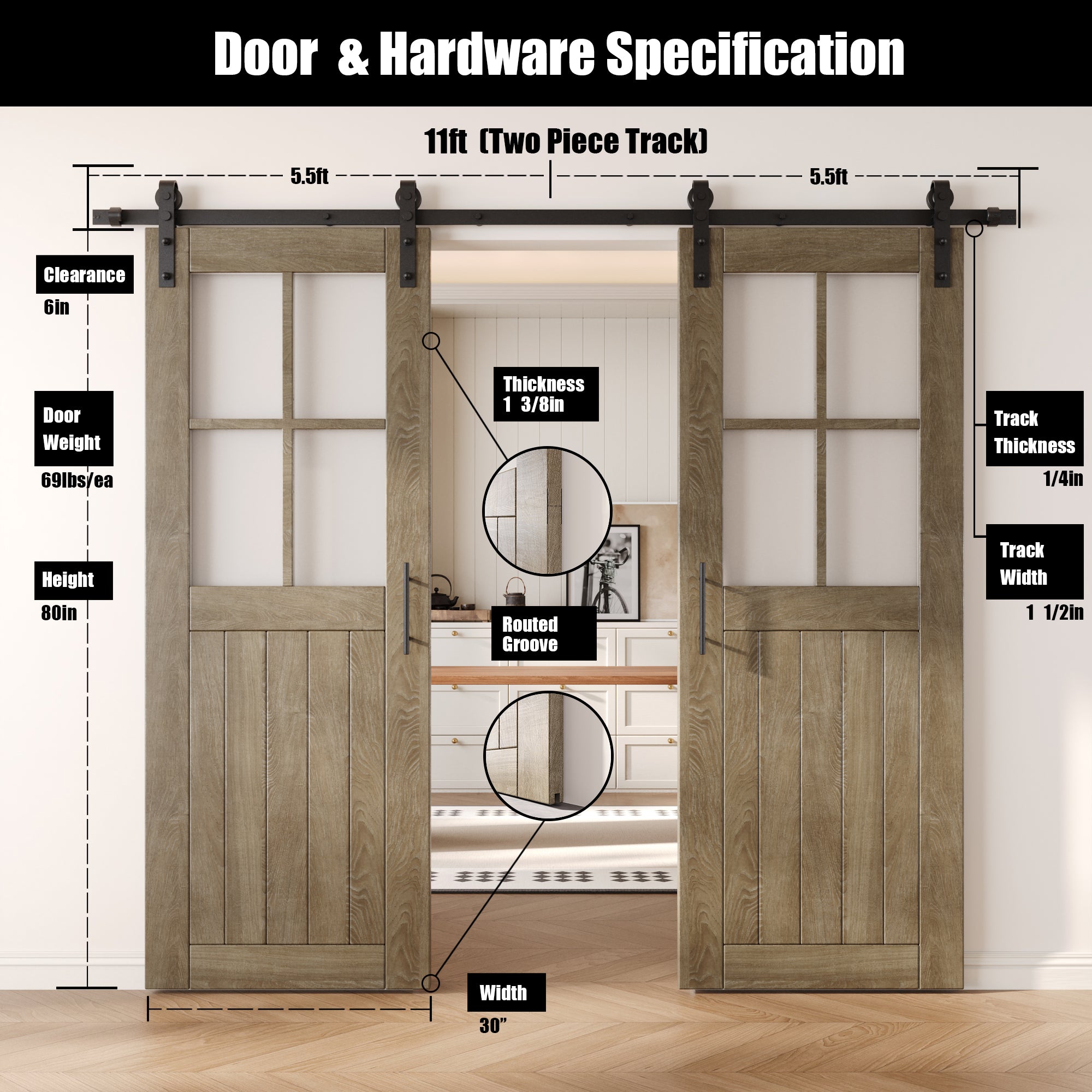 80" Height Classic Gray Half Lite Grid Glass Double Unassembled & Finished Pine Wood Barn Doors with Non-Bypass Installation Hardware Kit (Interior Use Only)